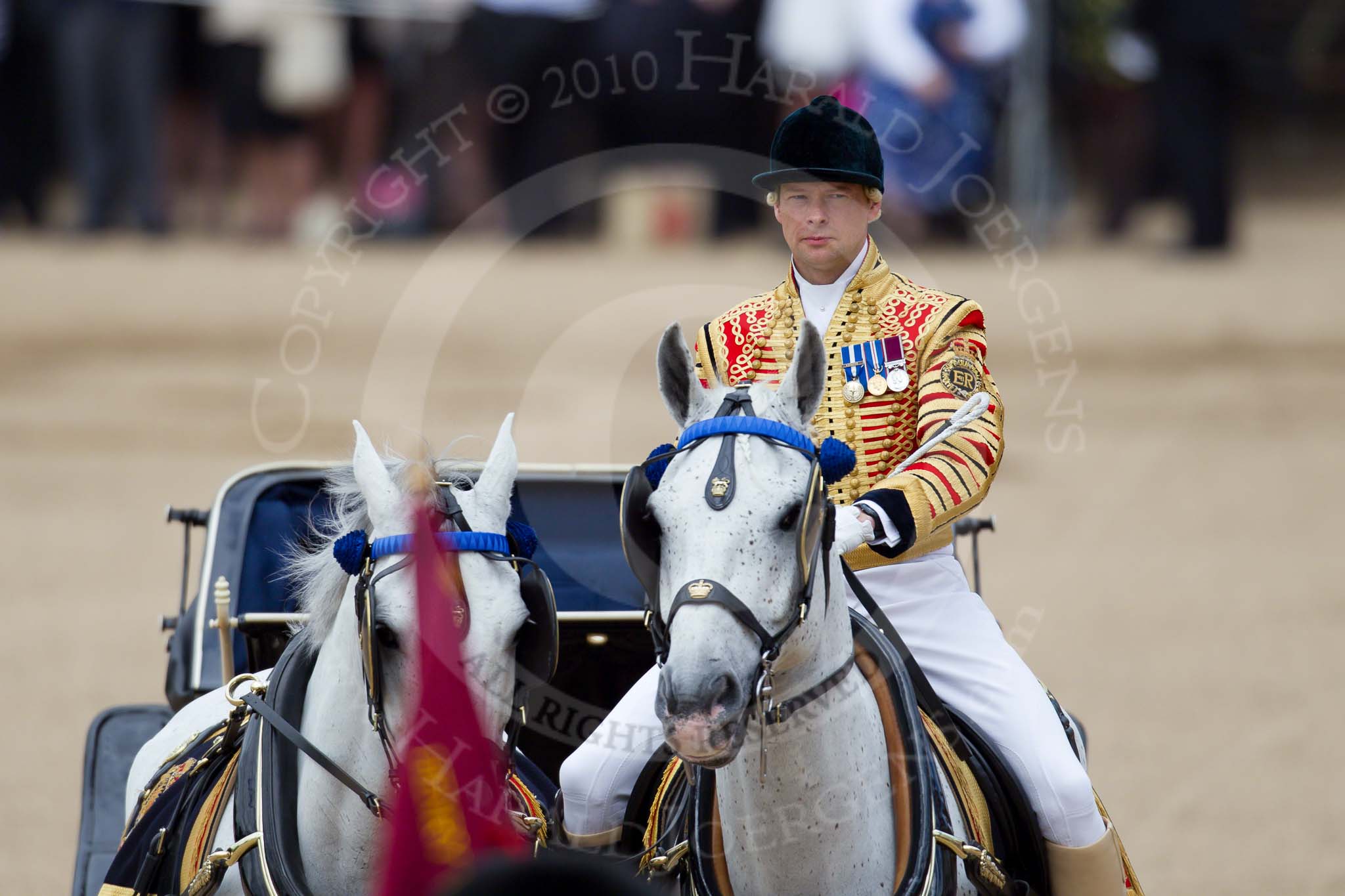 Trooping the Colour 2010: For Jack Hargreaves 2010 is his fourth parade. He has been 23 years in the army, and 9 years with the Kings Troop.

He is riding 'Martha', the hand horse is 'Daniel'..
Horse Guards Parade, Westminster,
London SW1,
Greater London,
United Kingdom,
on 12 June 2010 at 12:09, image #190