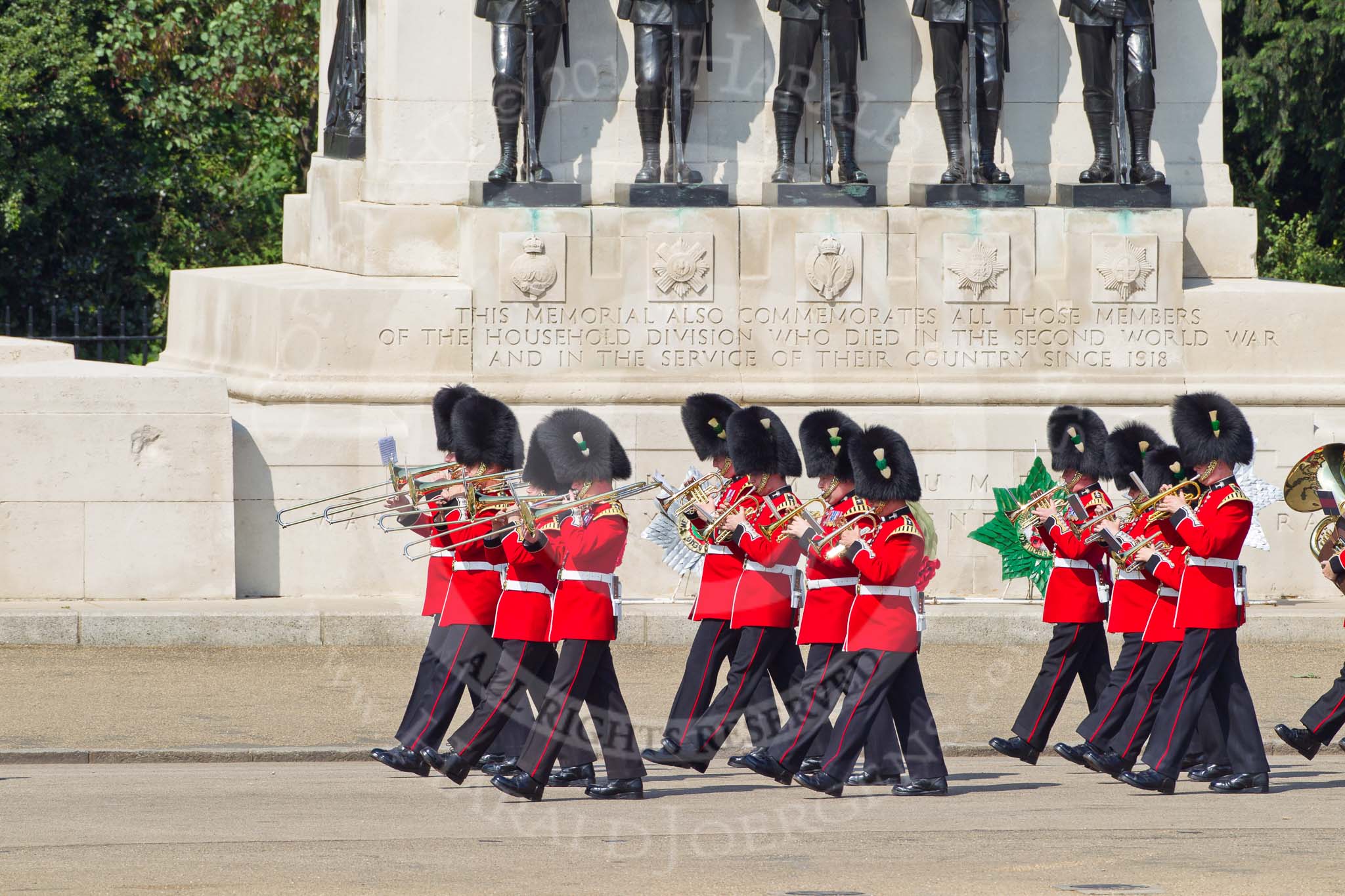 The Colonel's Review 2011: The first of the bands to arrive on the parade ground, the Band of the Welsh Guards, here passing the Guards Memorial..
Horse Guards Parade, Westminster,
London SW1,

United Kingdom,
on 04 June 2011 at 10:11, image #8