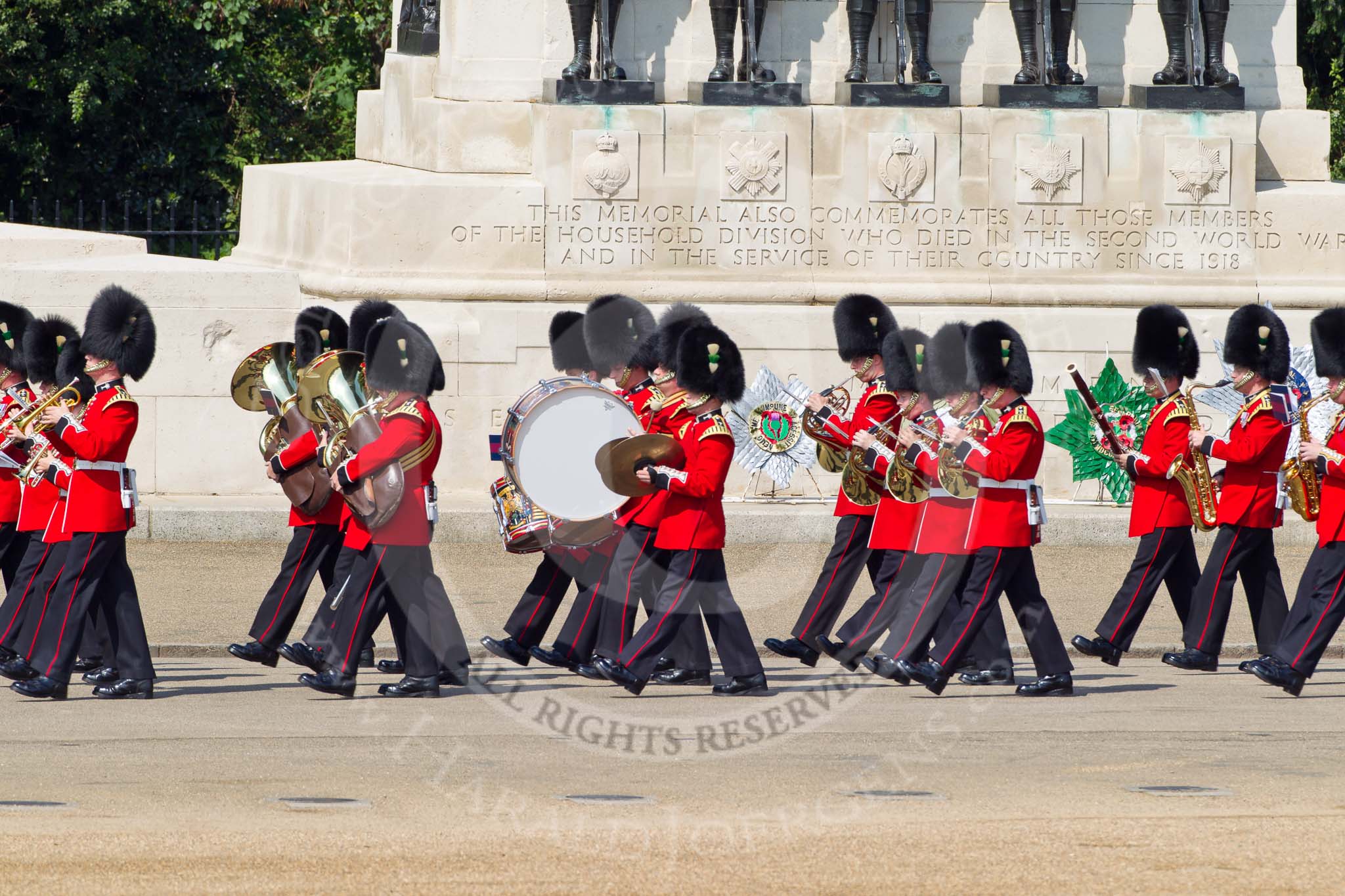 The Colonel's Review 2011: The first of the bands to arrive on the parade ground, the Band of the Welsh Guards, here passing the Guards Memorial..
Horse Guards Parade, Westminster,
London SW1,

United Kingdom,
on 04 June 2011 at 10:11, image #9