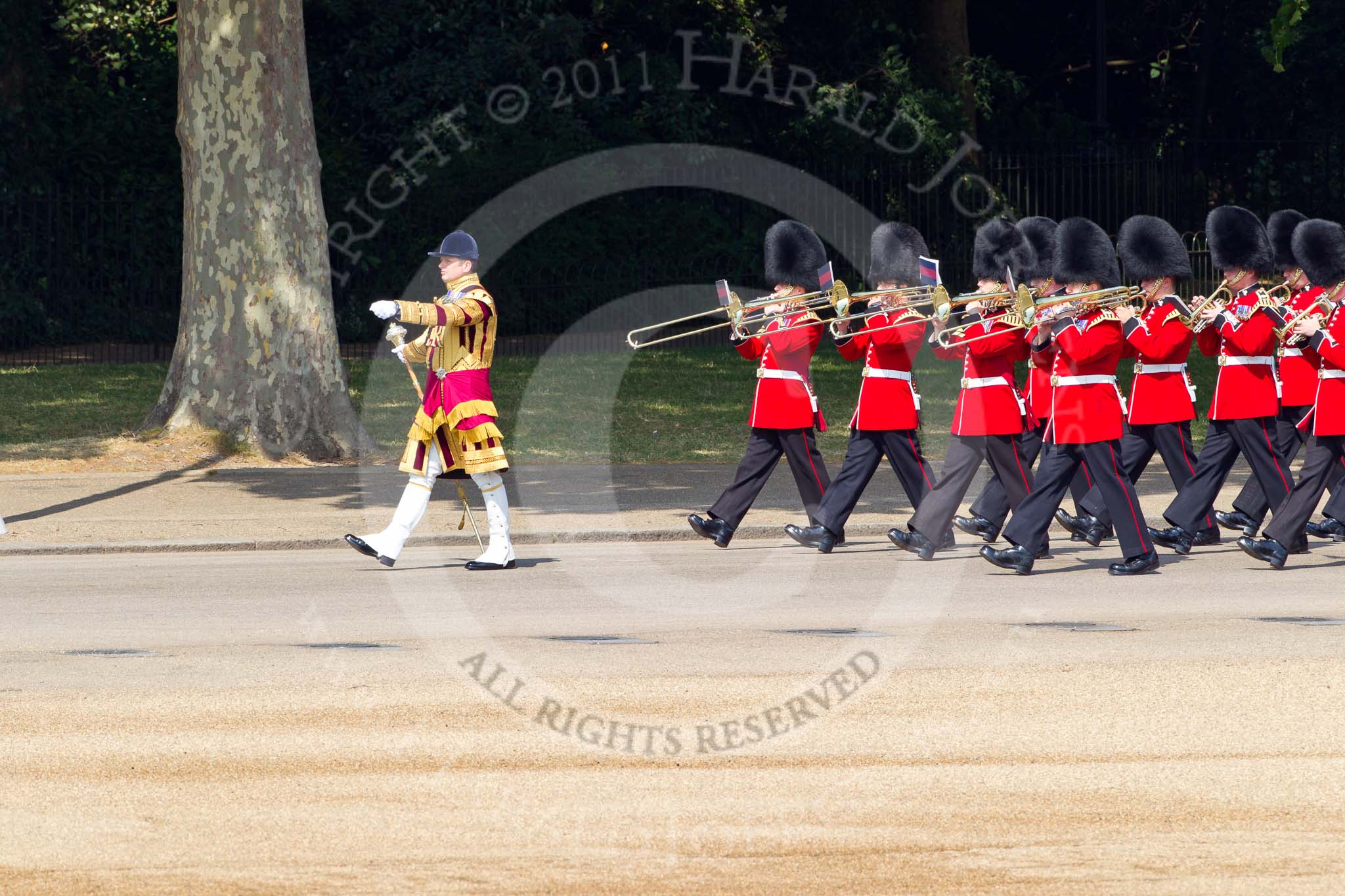 The Colonel's Review 2011: Drum Major Tony Taylor, No. 7 Company Coldstream Guards, with the Band of the Irish Guards arriving on Horse Guards Parade, marching past St. James's Park..
Horse Guards Parade, Westminster,
London SW1,

United Kingdom,
on 04 June 2011 at 10:16, image #13