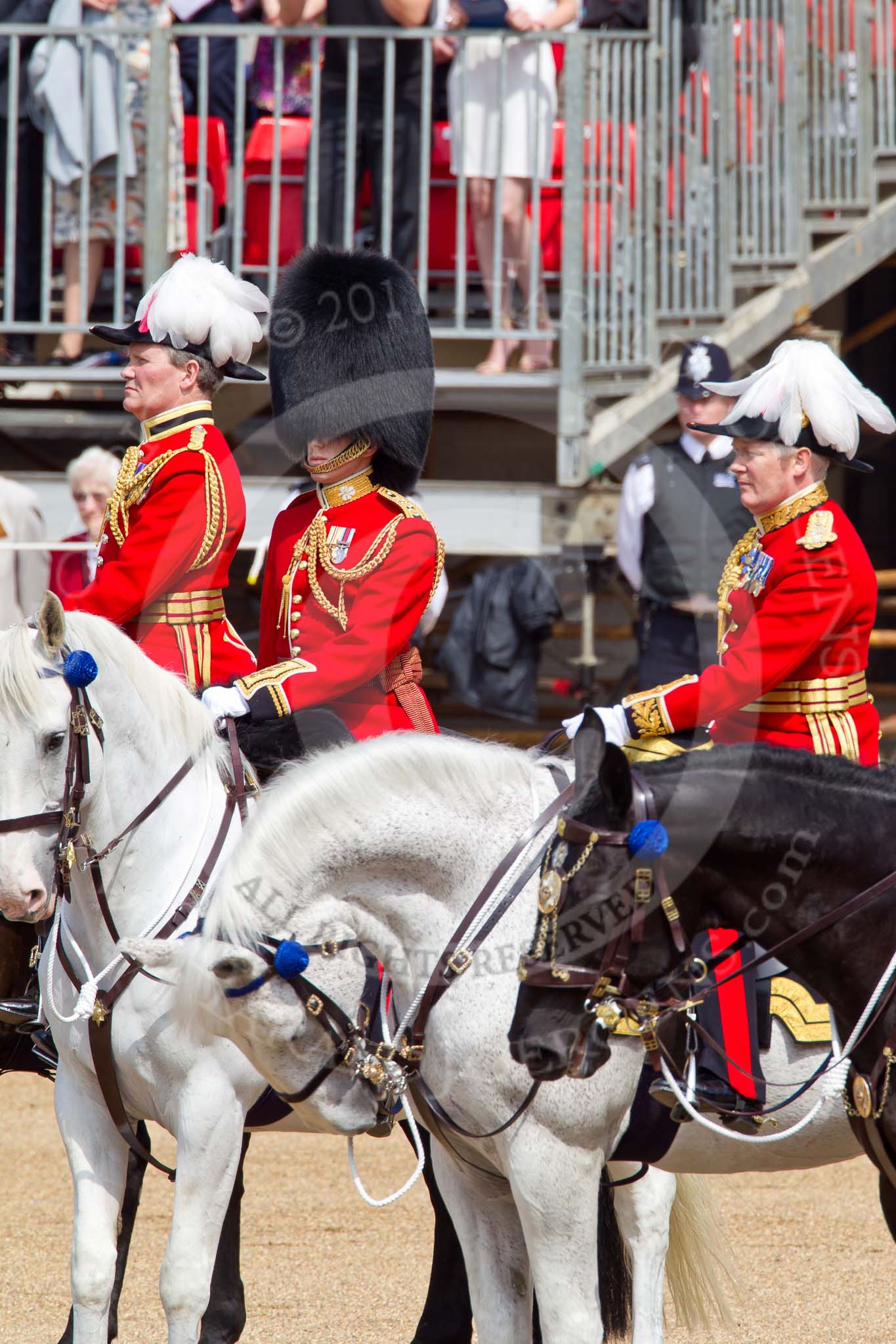 The Colonel's Review 2011: From front to back: Major General Commanding the Household Division and General Officer Commanding London District, Major General W G Cubitt, then Aide-de-Camp Captain P S G O'Gorman, Irish Guards, and Chief of Staff Household Division, Colonel Alastair Mathewson, Scots Guards..
Horse Guards Parade, Westminster,
London SW1,

United Kingdom,
on 04 June 2011 at 11:00, image #83