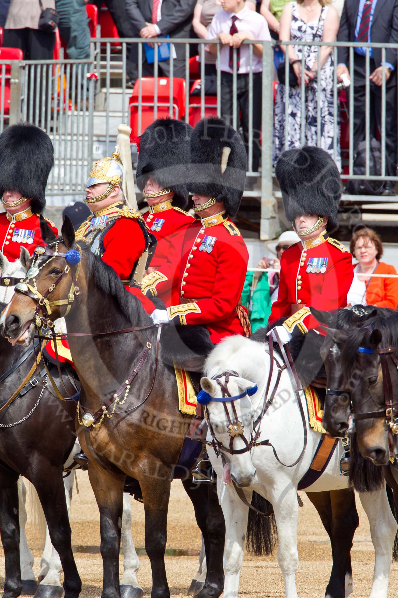 The Colonel's Review 2011: From left to right: Lieutenant Colonel J B O'Gorman, Irish Guards, Lieutenant Colonel H S J Scott, The Life Guards, Major E M Crofton, Coldstream Guards, Major G V A Baker, Grenadier Guards, and Lieutenant Colonel A W Foster, Scots Guards..
Horse Guards Parade, Westminster,
London SW1,

United Kingdom,
on 04 June 2011 at 11:00, image #85