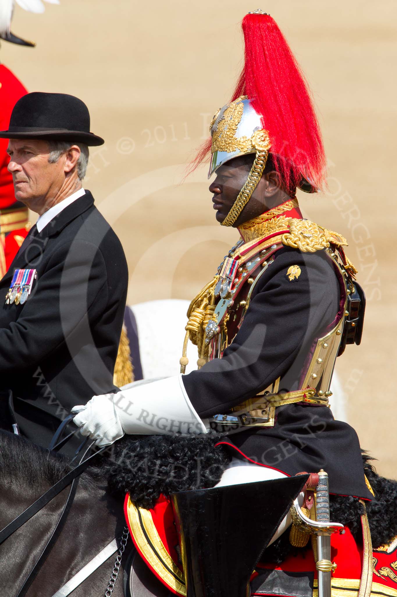 The Colonel's Review 2011: During The Colonel's Review standing in for The Princess Royal, Major Twumasi-Ankrah, Blues and Royals. Next to him the Queen's Stud Groom, riding in place of The Prince of Wales..
Horse Guards Parade, Westminster,
London SW1,

United Kingdom,
on 04 June 2011 at 11:00, image #86