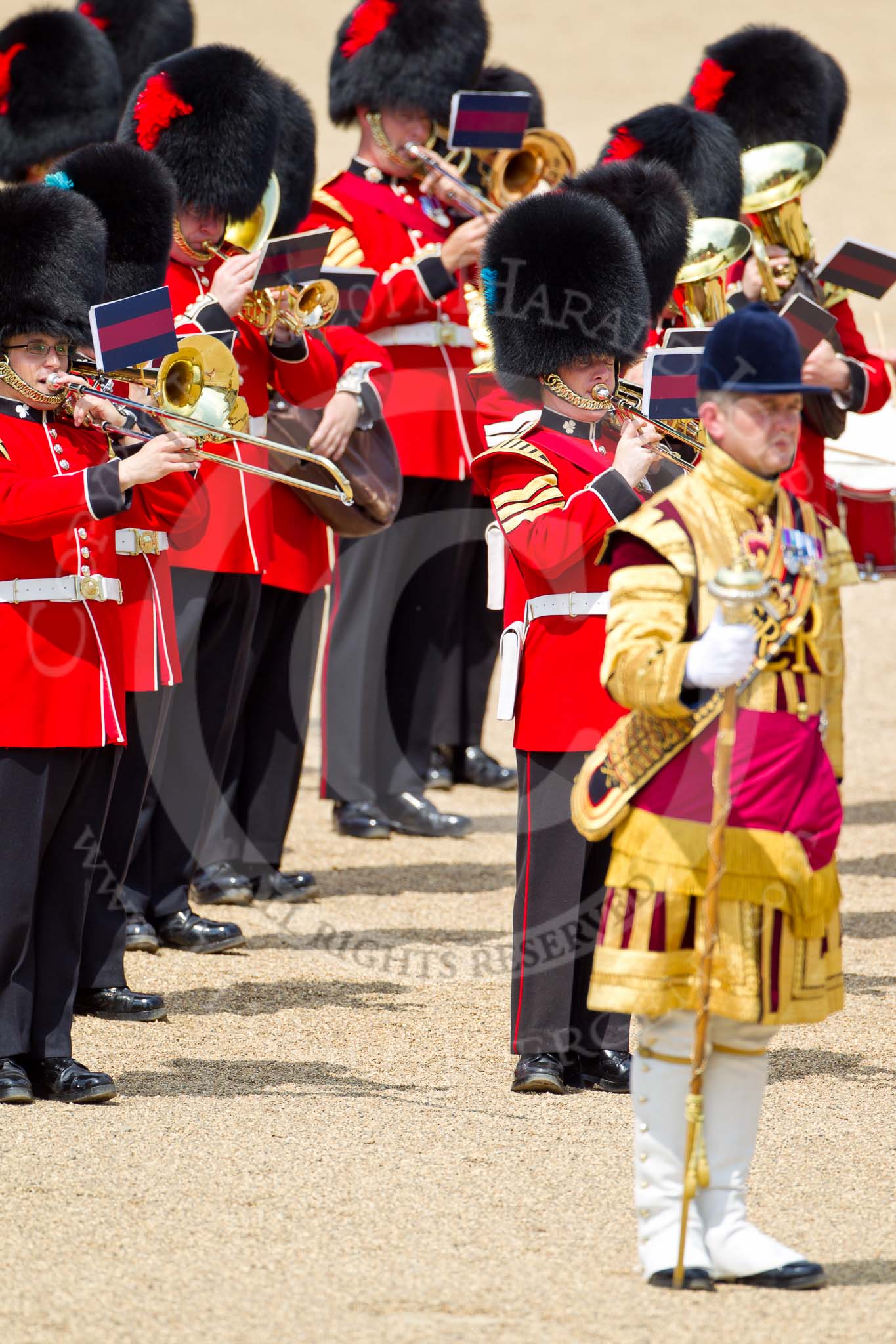 The Colonel's Review 2011: Drum Major Alan Harvey, Irish Guards, leading the Band of the Scots Guards..
Horse Guards Parade, Westminster,
London SW1,

United Kingdom,
on 04 June 2011 at 11:40, image #193