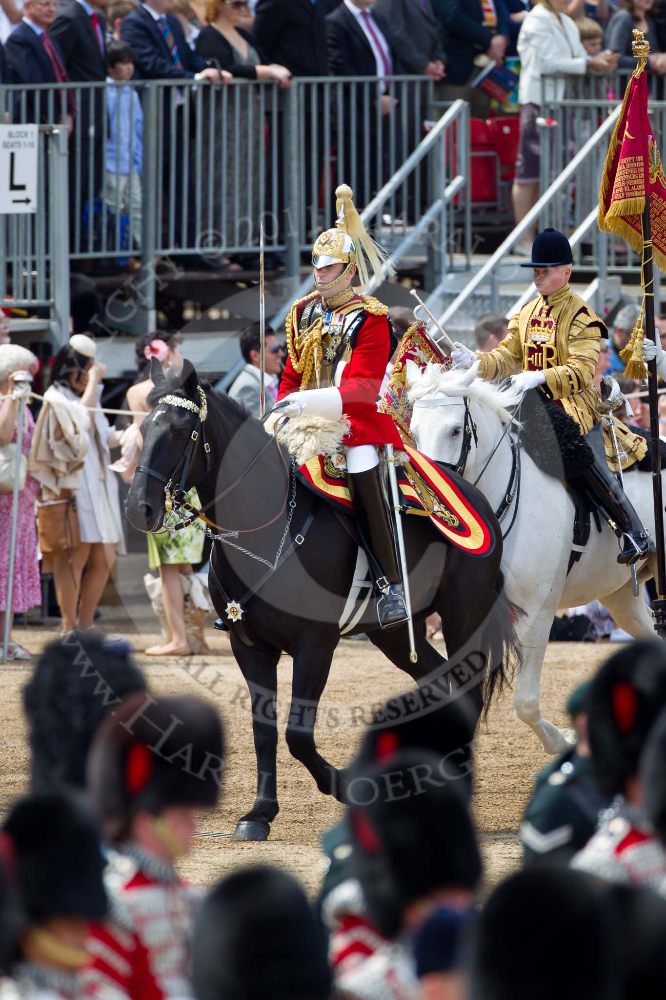 The Colonel's Review 2011: The Field Officer of the Escort, 
Major N P G van Cutsem, The Life Guards, followed by the Trumpeter and Standard Bearer..
Horse Guards Parade, Westminster,
London SW1,

United Kingdom,
on 04 June 2011 at 11:56, image #248