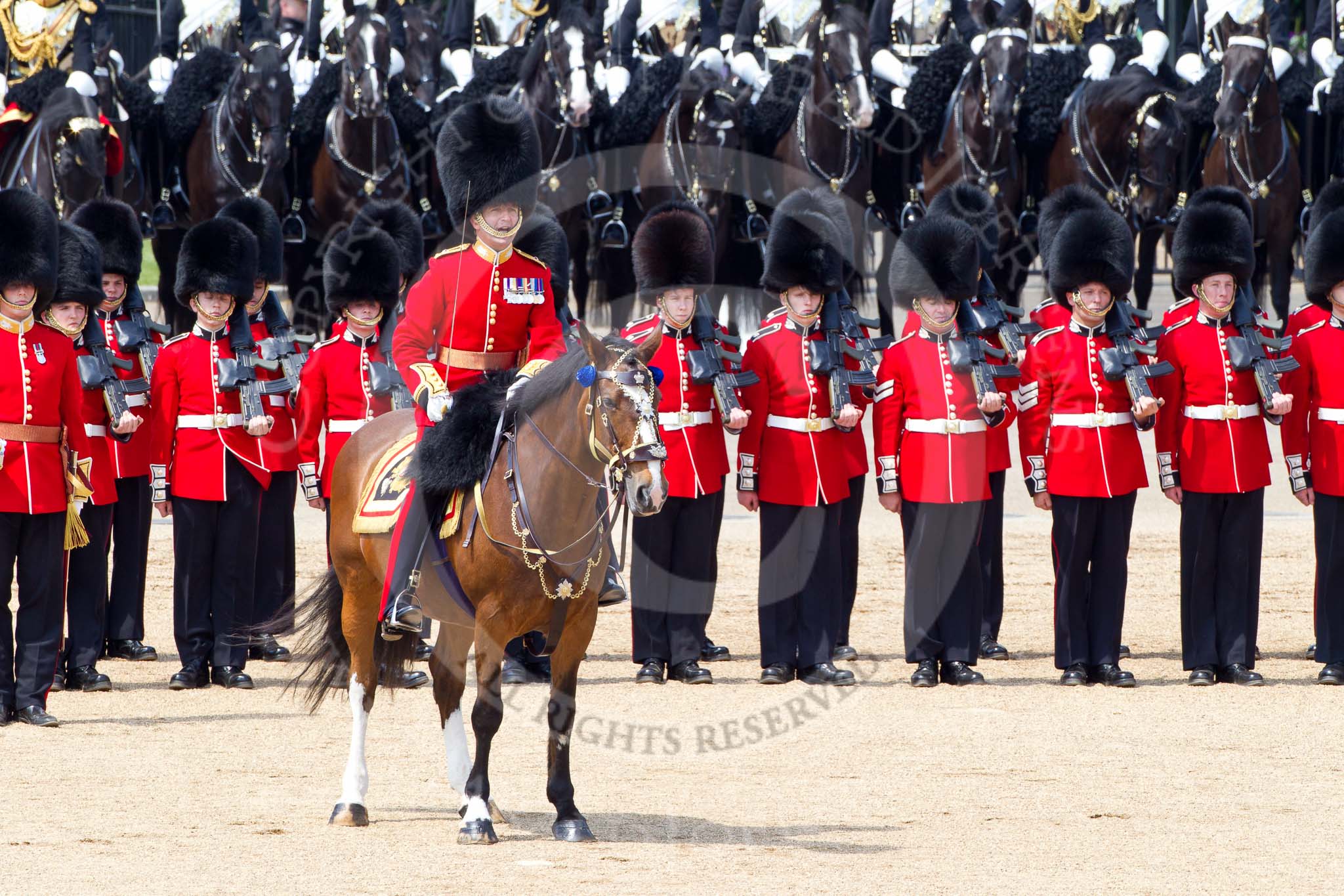 The Colonel's Review 2011: The Field Officer, Lieutenant Colonel L P M Jopp, riding 'Burniston', here in front of No. 2 Guard, B Company Scots Guards, commanding the last phase of the rehearsal..
Horse Guards Parade, Westminster,
London SW1,

United Kingdom,
on 04 June 2011 at 12:00, image #272
