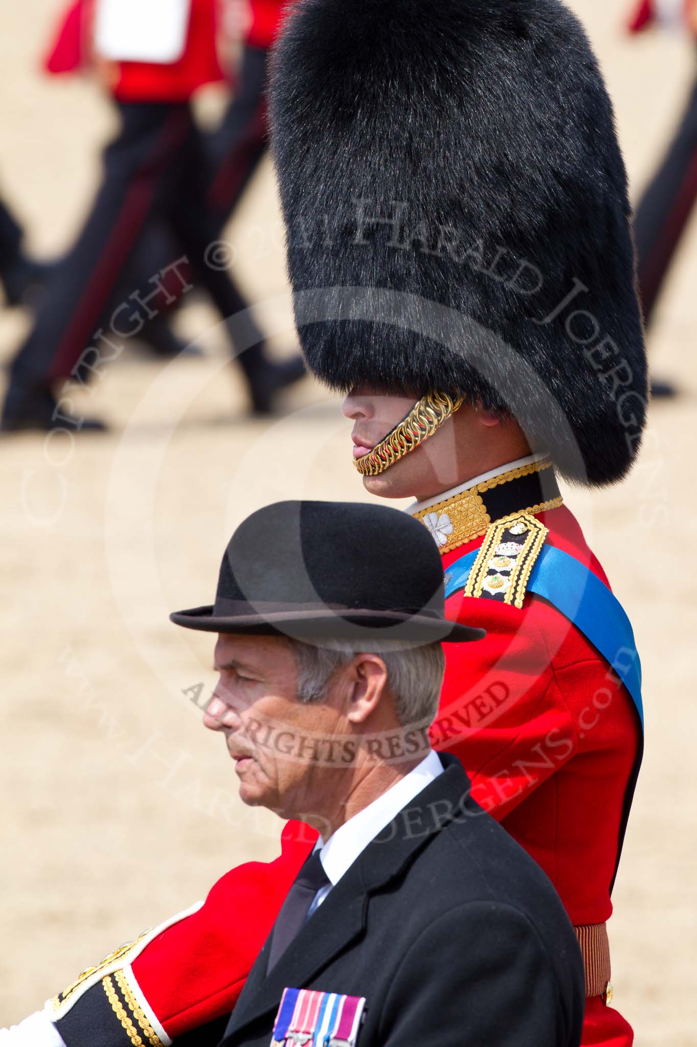 The Colonel's Review 2011: Marching Off - close-up of the Queen's Stud Groom, riding in place of the Prince of Wales at this Colonel's Review, and HRH Prince William, The Duke of Cambridge..
Horse Guards Parade, Westminster,
London SW1,

United Kingdom,
on 04 June 2011 at 12:07, image #289