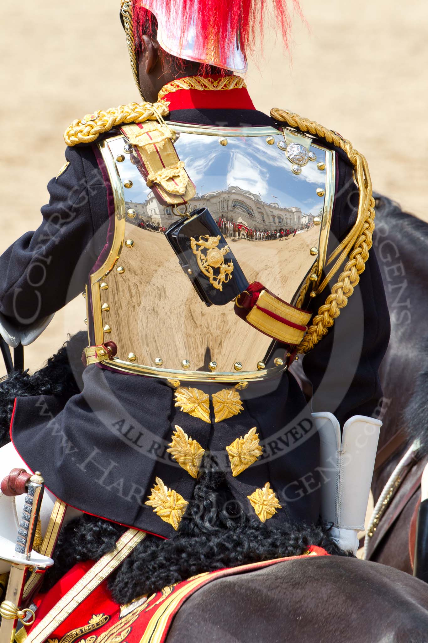 The Colonel's Review 2011: Marching Off - here Major Twumasi-Ankrah, Blues and Royals who rides on the Princess Royal's horse, with the reflection of Horse Guards Building in the shield..
Horse Guards Parade, Westminster,
London SW1,

United Kingdom,
on 04 June 2011 at 12:07, image #290