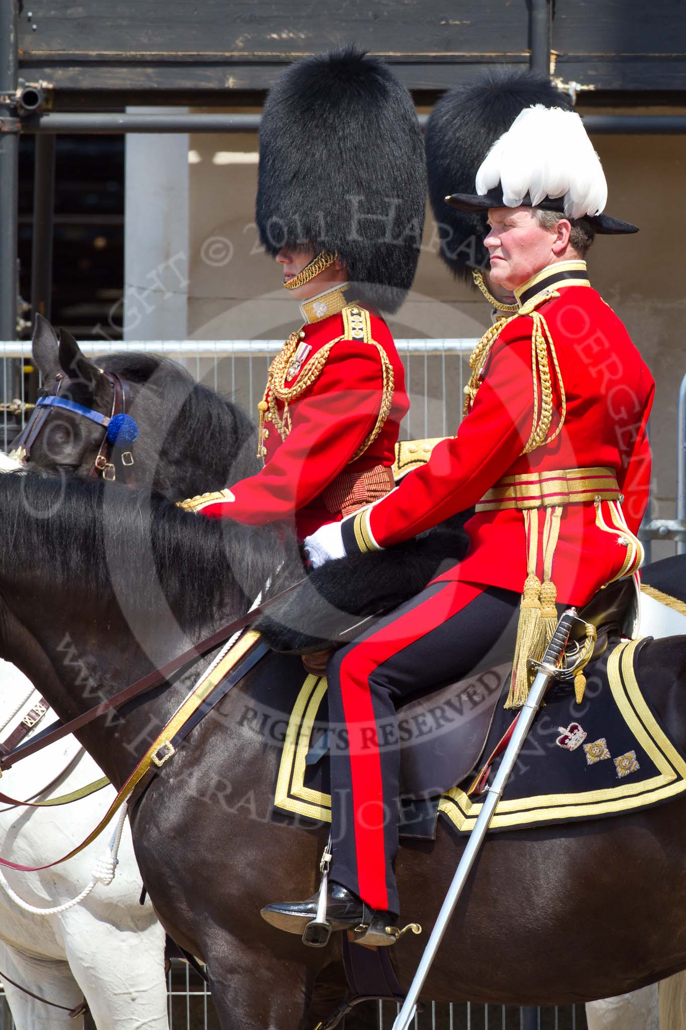 The Colonel's Review 2011: Chief of Staff Household Division, Colonel Alastair Mathewson, Scots Guards, in front, behind Aide-de-Camp Captain P S G O'Gorman, Irish Guards..
Horse Guards Parade, Westminster,
London SW1,

United Kingdom,
on 04 June 2011 at 12:08, image #294