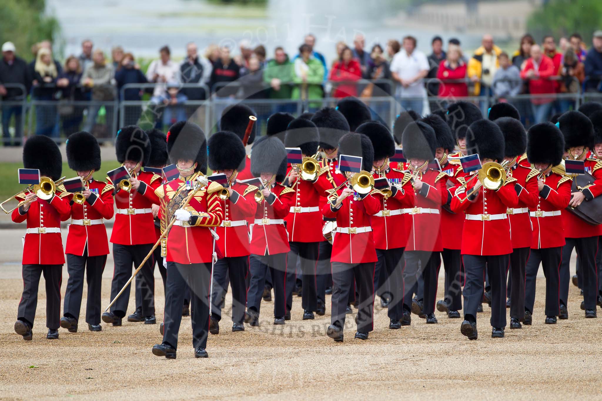 The Major General's Review 2011: Drum Major Tony Taylor, No. 7 Company Coldstream Guards, leading the Band of the Irish Guards..
Horse Guards Parade, Westminster,
London SW1,
Greater London,
United Kingdom,
on 28 May 2011 at 10:18, image #24