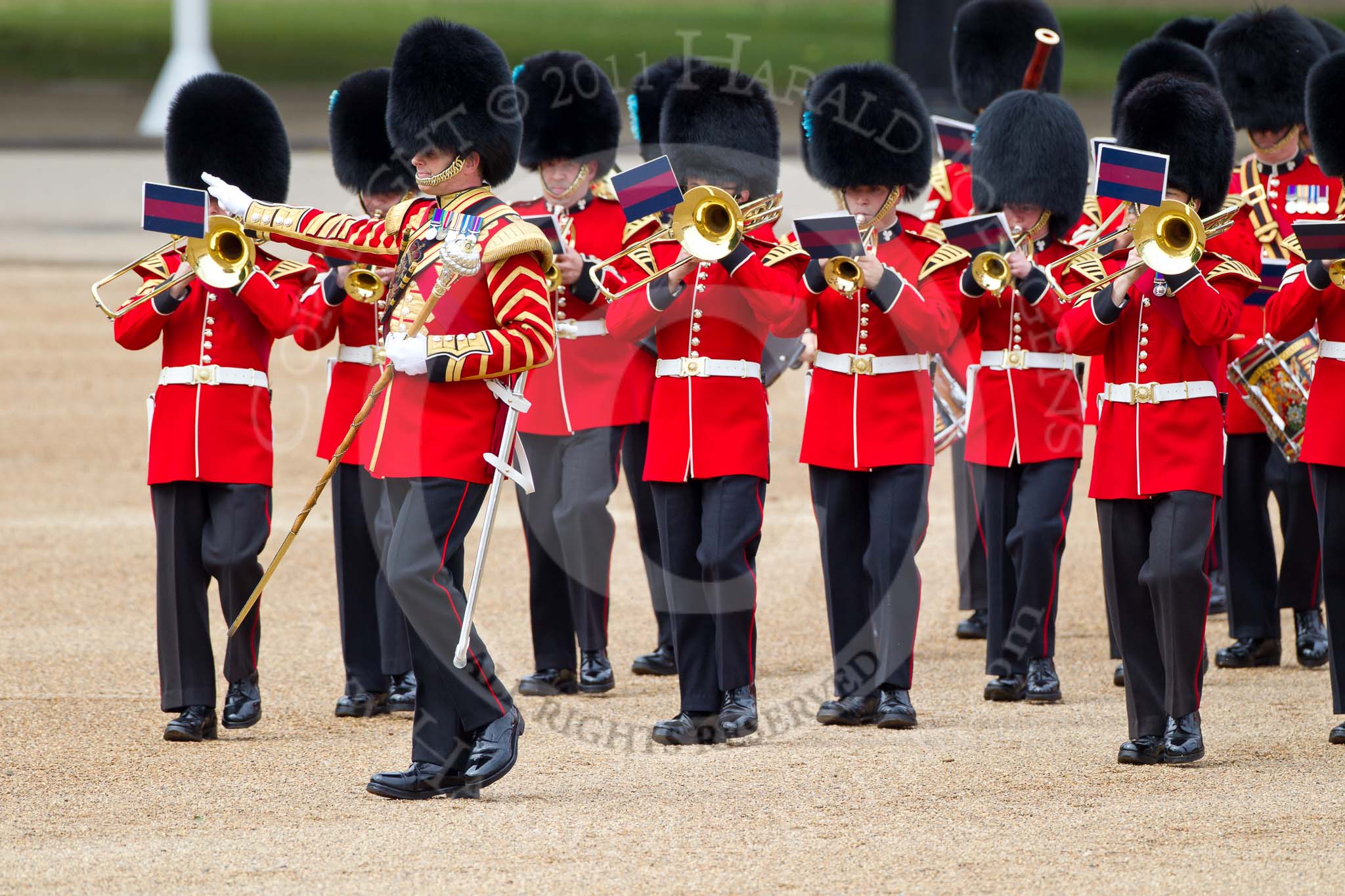 The Major General's Review 2011: Drum Major Tony Taylor, No. 7 Company Coldstream Guards, leading the Band of the Irish Guards..
Horse Guards Parade, Westminster,
London SW1,
Greater London,
United Kingdom,
on 28 May 2011 at 10:18, image #25