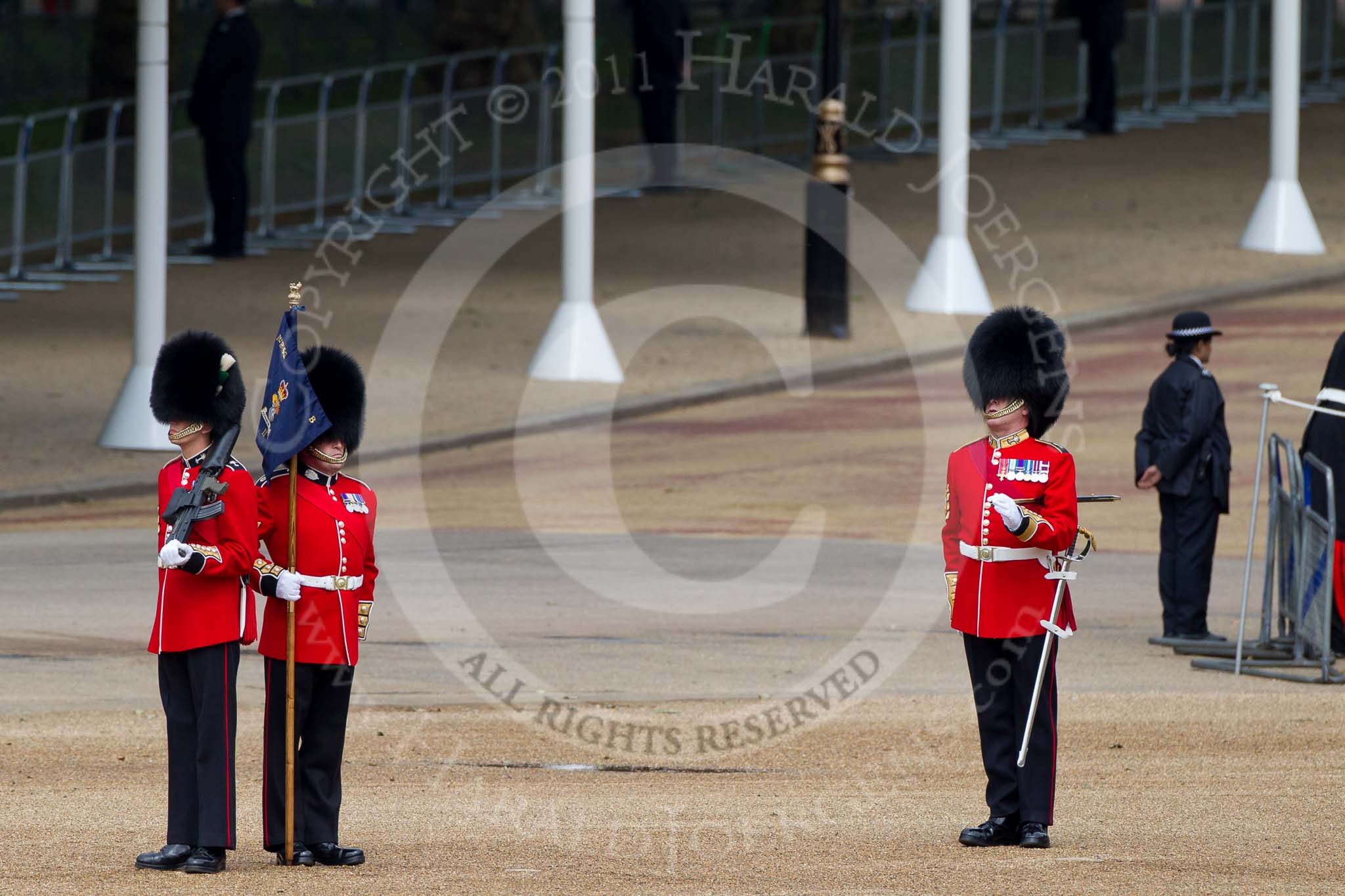 The Major General's Review 2011: The Garrison Sergeant Major, WO1 William Mott OBE, Welsh Guards, takes up a position in the corner of the Parade ground to see whether the flankmen of each Guard formation stands precisely on the spot where he should be..
Horse Guards Parade, Westminster,
London SW1,
Greater London,
United Kingdom,
on 28 May 2011 at 10:19, image #27