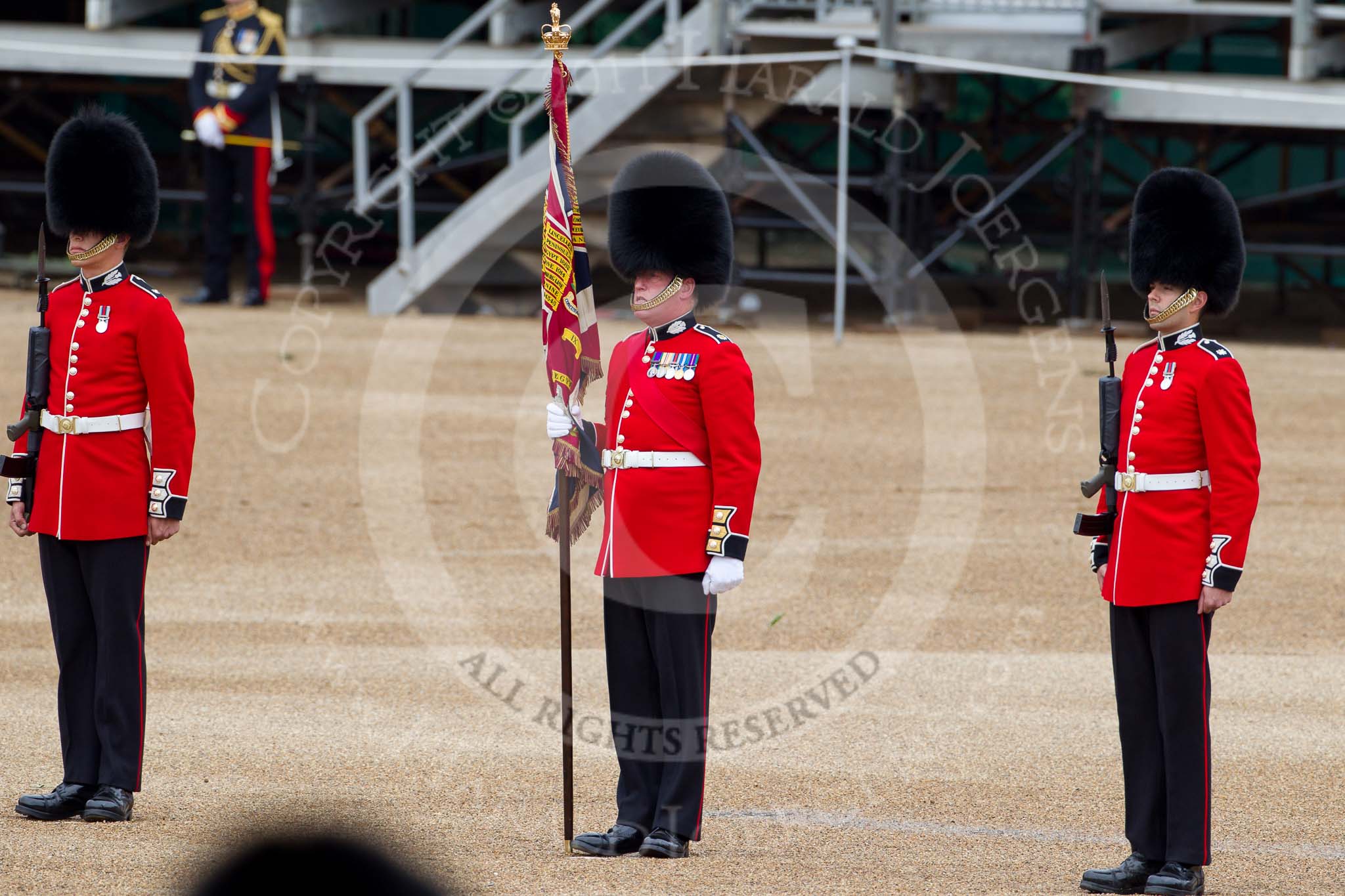 The Major General's Review 2011: The Colour Party. Colour Sergeant Chris Millin, holding the already uncased Colour, flanked by the two sentries..
Horse Guards Parade, Westminster,
London SW1,
Greater London,
United Kingdom,
on 28 May 2011 at 10:40, image #74