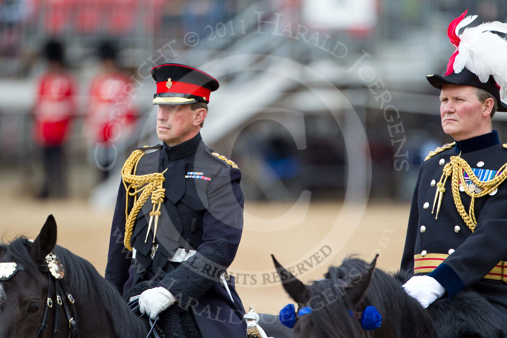 The Major General's Review 2011: On the left, Silver-Stick-in-Waiting Colonel Stuart Cowen, The Blues and Royals, next to him the Chief of Staff Household Division, Colonel Alastair Mathewson, Scots Guards..
Horse Guards Parade, Westminster,
London SW1,
Greater London,
United Kingdom,
on 28 May 2011 at 11:01, image #111