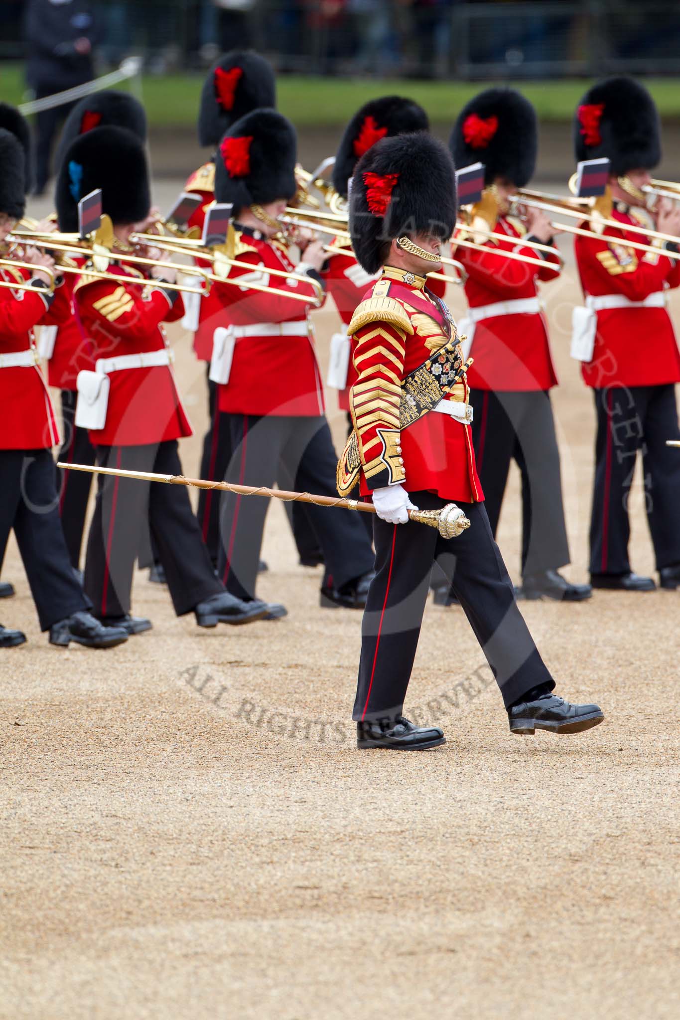 The Major General's Review 2011: Senior Drum Major Major Ben Roberts, Coldstream Guards, leading the Band of the Welsh Guards..
Horse Guards Parade, Westminster,
London SW1,
Greater London,
United Kingdom,
on 28 May 2011 at 11:08, image #132