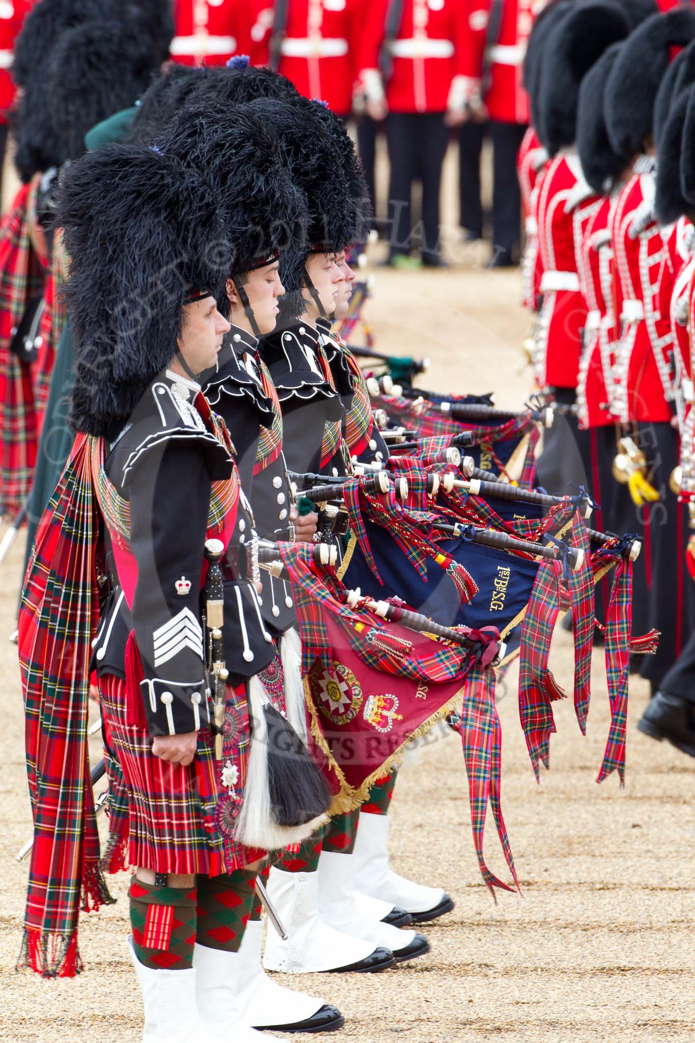 The Major General's Review 2011: Pipers from the Band of the Scots Guards. In front, Pipe Major Brian Heriot, Scots Guards..
Horse Guards Parade, Westminster,
London SW1,
Greater London,
United Kingdom,
on 28 May 2011 at 11:09, image #138