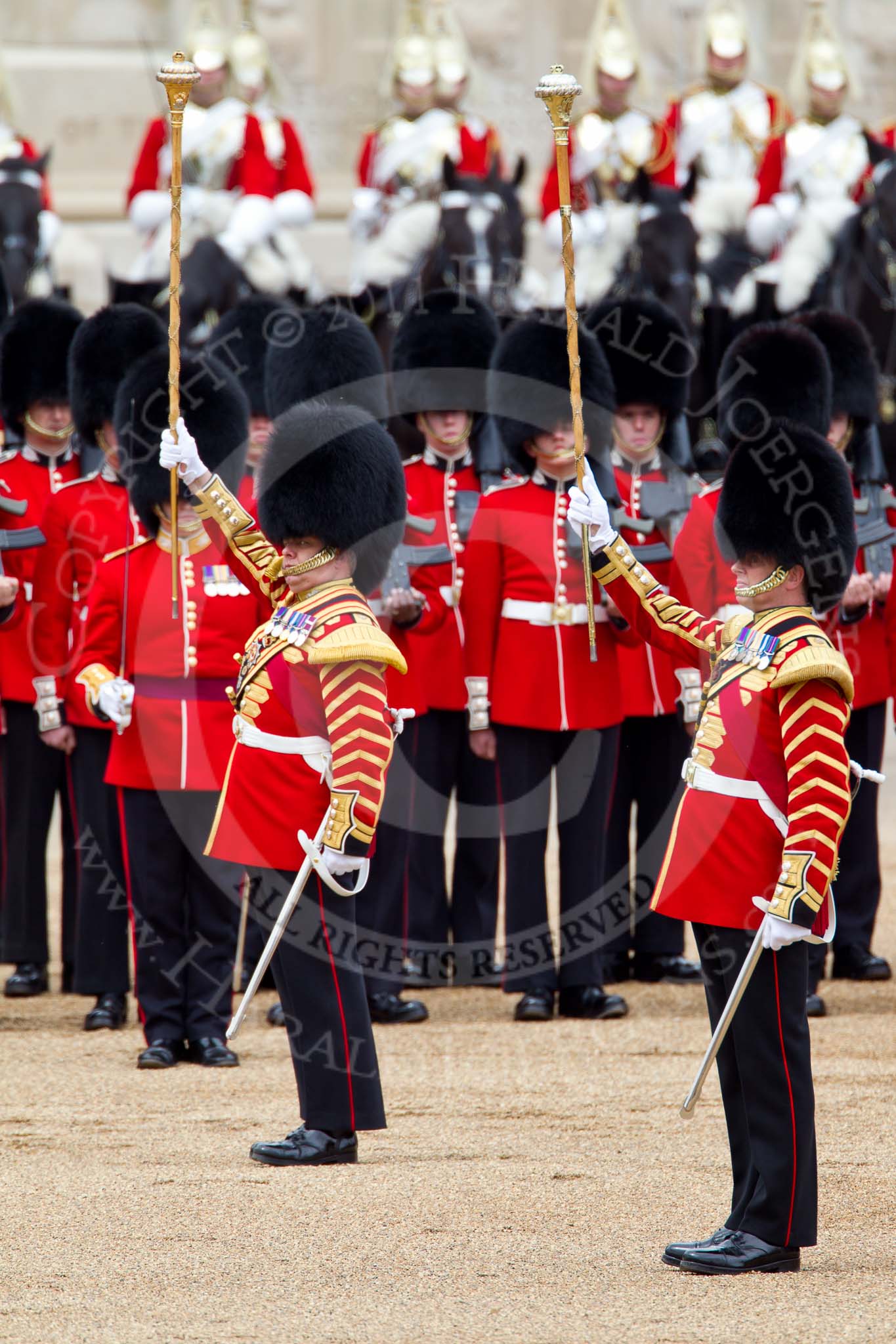 The Major General's Review 2011: Drum Major Stephen Staite, Grenadier Guards, leading the Band of the Grenadier Guards, and on the right Drum Major Tony Taylor, No. 7 Company Coldstream Guards, leading the Band of the Irish Guards..
Horse Guards Parade, Westminster,
London SW1,
Greater London,
United Kingdom,
on 28 May 2011 at 11:23, image #168