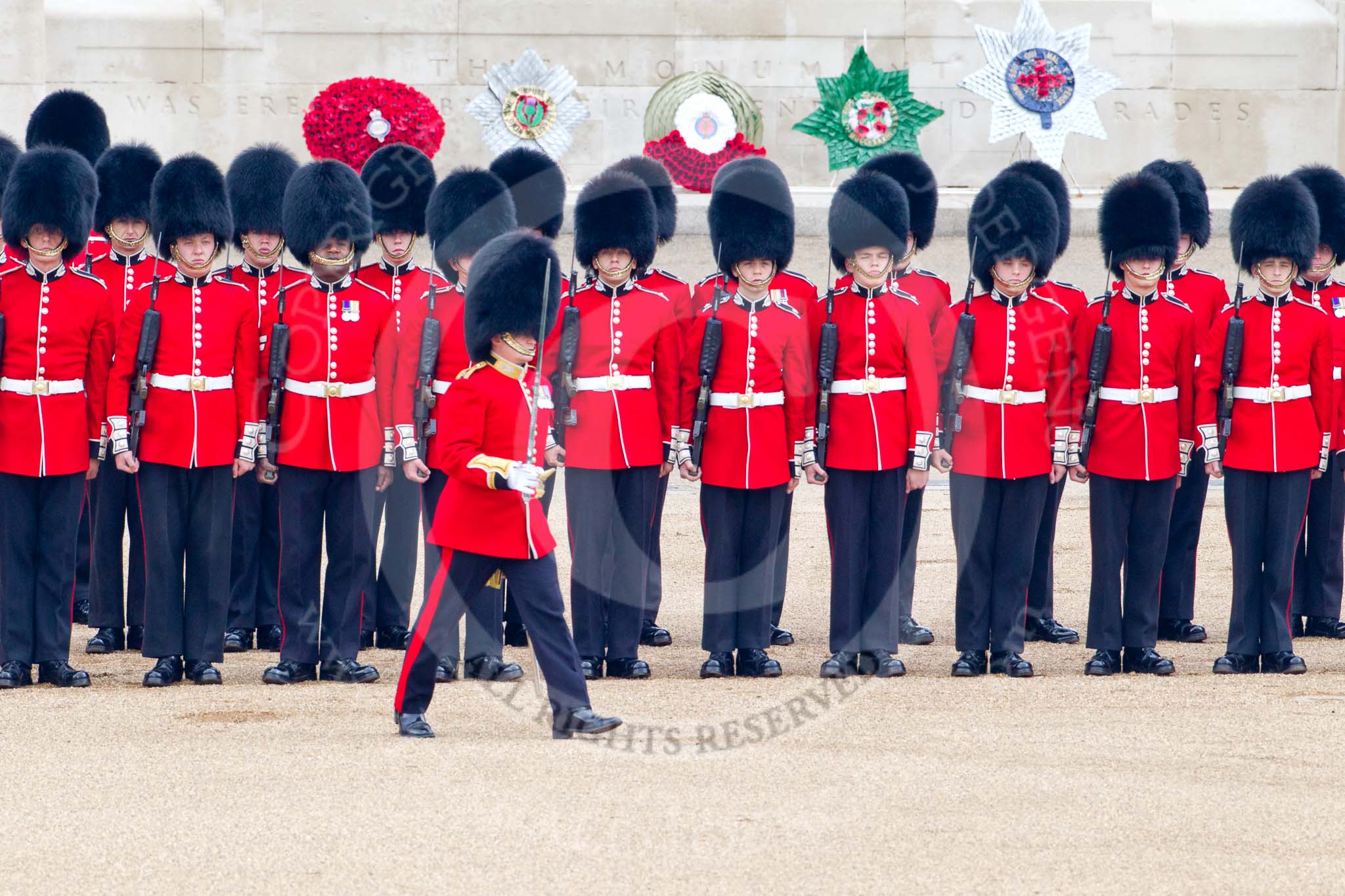 Trooping the Colour 2011: No. 3 Guard, F Company Scots Guards, in front of the Guards Memorial..
Horse Guards Parade, Westminster,
London SW1,
Greater London,
United Kingdom,
on 11 June 2011 at 10:43, image #74