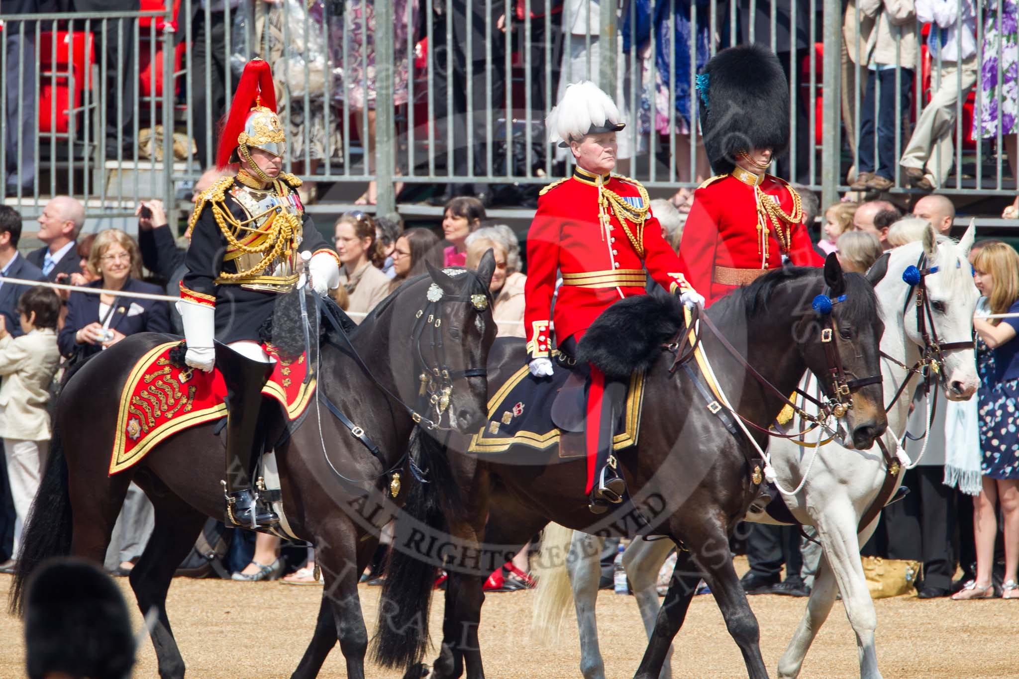 Trooping the Colour 2011: On the left of the photo:
Colonel Stuart H Cowen, Silver-Stick-in-Waiting, The Blues and Royals. He is Commander Household Cavalry. In the middle: Colonel Alastair Mathewson, Scots Guards, Chief of Staff Household Division. On the right of the photo:
Captain P S G O'Gorman, Irish Guards, Aide-de-Camp..
Horse Guards Parade, Westminster,
London SW1,
Greater London,
United Kingdom,
on 11 June 2011 at 10:59, image #123