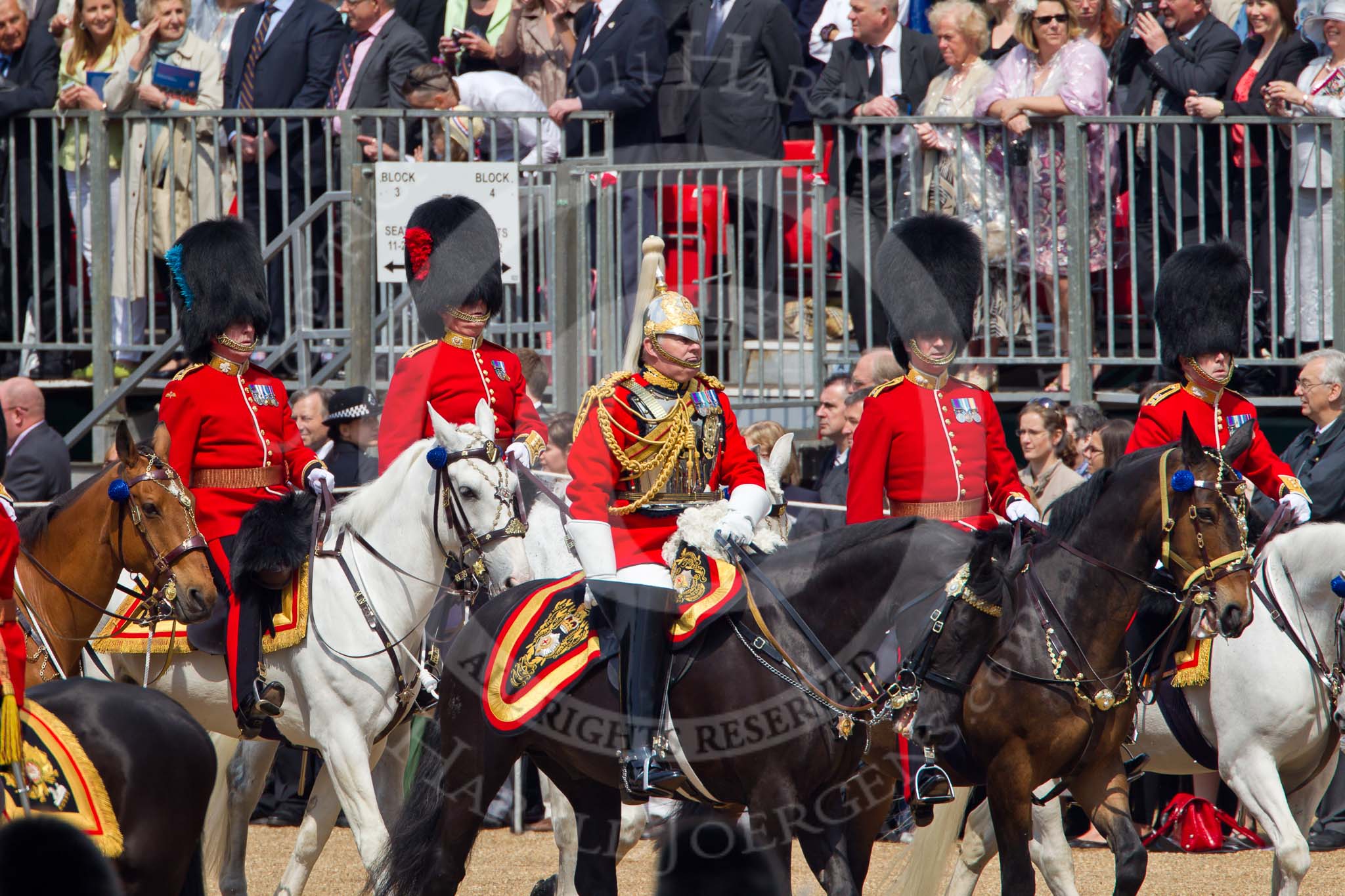 Trooping the Colour 2011: From the left hand side in the photo:
Lieutenant Colonel J B O'Gorman, Irish Guards, Major E M Crofton, Coldstream Guards, Lieutenant Colonel H S J Scott, The Life Guards, Major G V A Baker, Grenadier Guards, and Lieutenant Colonel A W Foster, Scots Guards..
Horse Guards Parade, Westminster,
London SW1,
Greater London,
United Kingdom,
on 11 June 2011 at 10:59, image #124