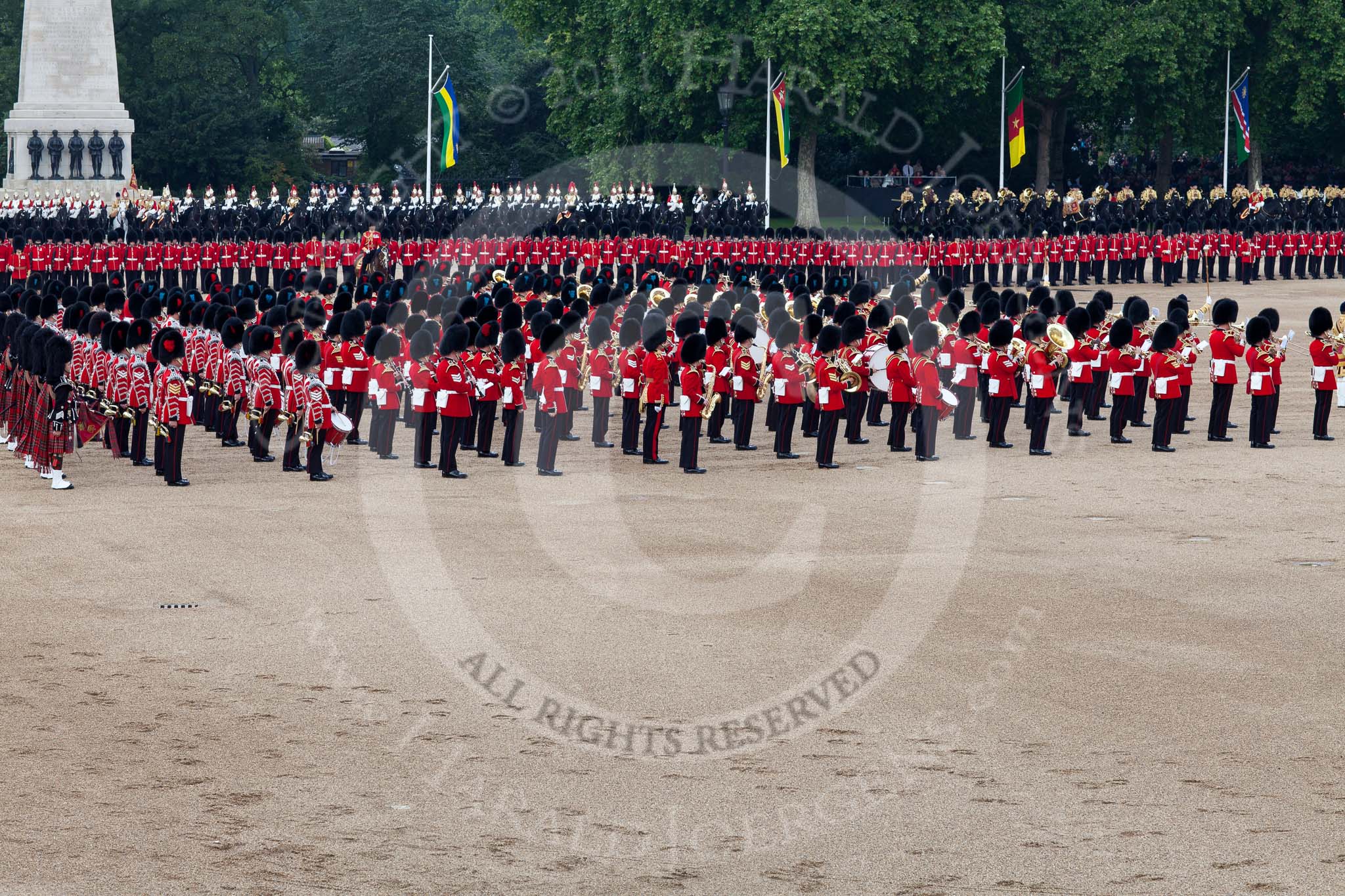 Trooping the Colour 2011: The Massed Bands playing, lead by the drum majors, during the Massed Bands Troop..
Horse Guards Parade, Westminster,
London SW1,
Greater London,
United Kingdom,
on 11 June 2011 at 11:14, image #191