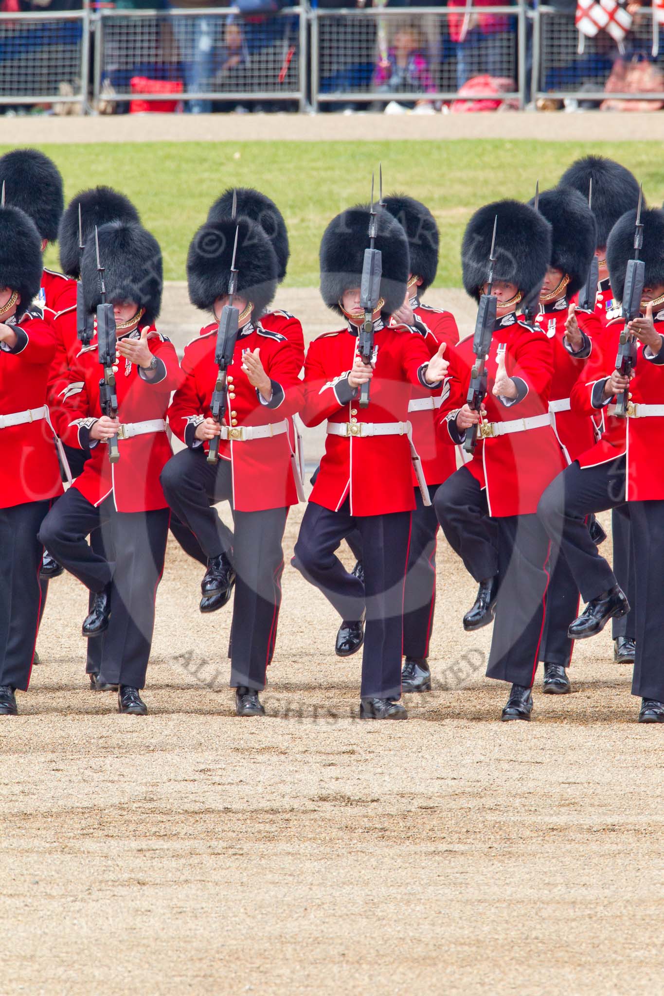 Trooping the Colour 2011: No. 2 Guard, B Company Scots Guards, presenting arms, as the Colour is trooped along the line of guards..
Horse Guards Parade, Westminster,
London SW1,
Greater London,
United Kingdom,
on 11 June 2011 at 11:28, image #218