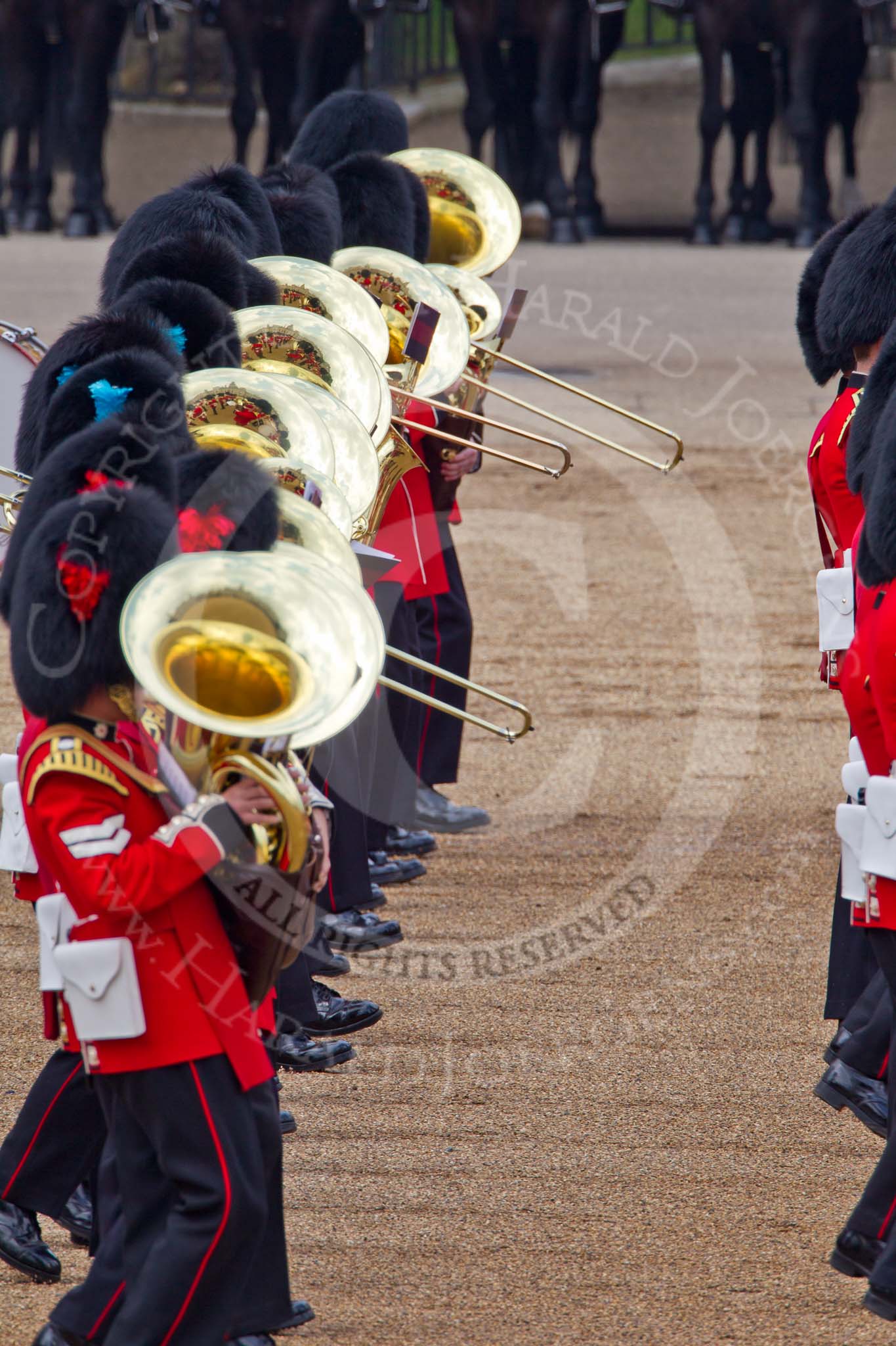 Trooping the Colour 2011: The Massed Bands during the March Past in slow time..
Horse Guards Parade, Westminster,
London SW1,
Greater London,
United Kingdom,
on 11 June 2011 at 11:32, image #223