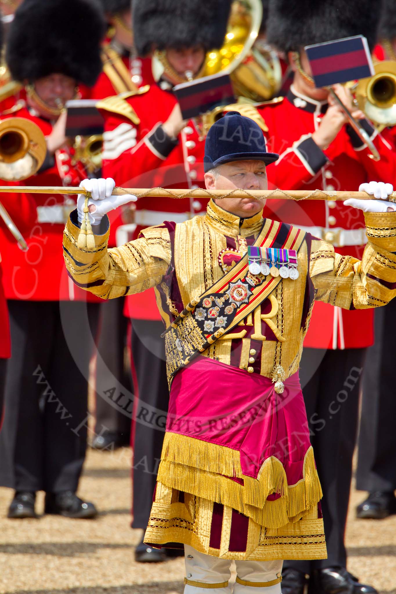 Trooping the Colour 2011: Drum Major Stephen Staite, Grenadier Guards, leading the Band of the Grenadier Guards..
Horse Guards Parade, Westminster,
London SW1,
Greater London,
United Kingdom,
on 11 June 2011 at 11:39, image #251