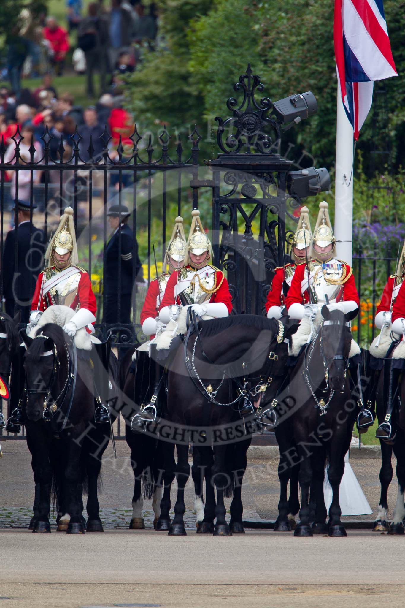 Trooping the Colour 2011: Household Cavalry: The Life Guards, at the St.James's Park side of Horse Guards Parade, in front of the park entrance..
Horse Guards Parade, Westminster,
London SW1,
Greater London,
United Kingdom,
on 11 June 2011 at 11:45, image #290