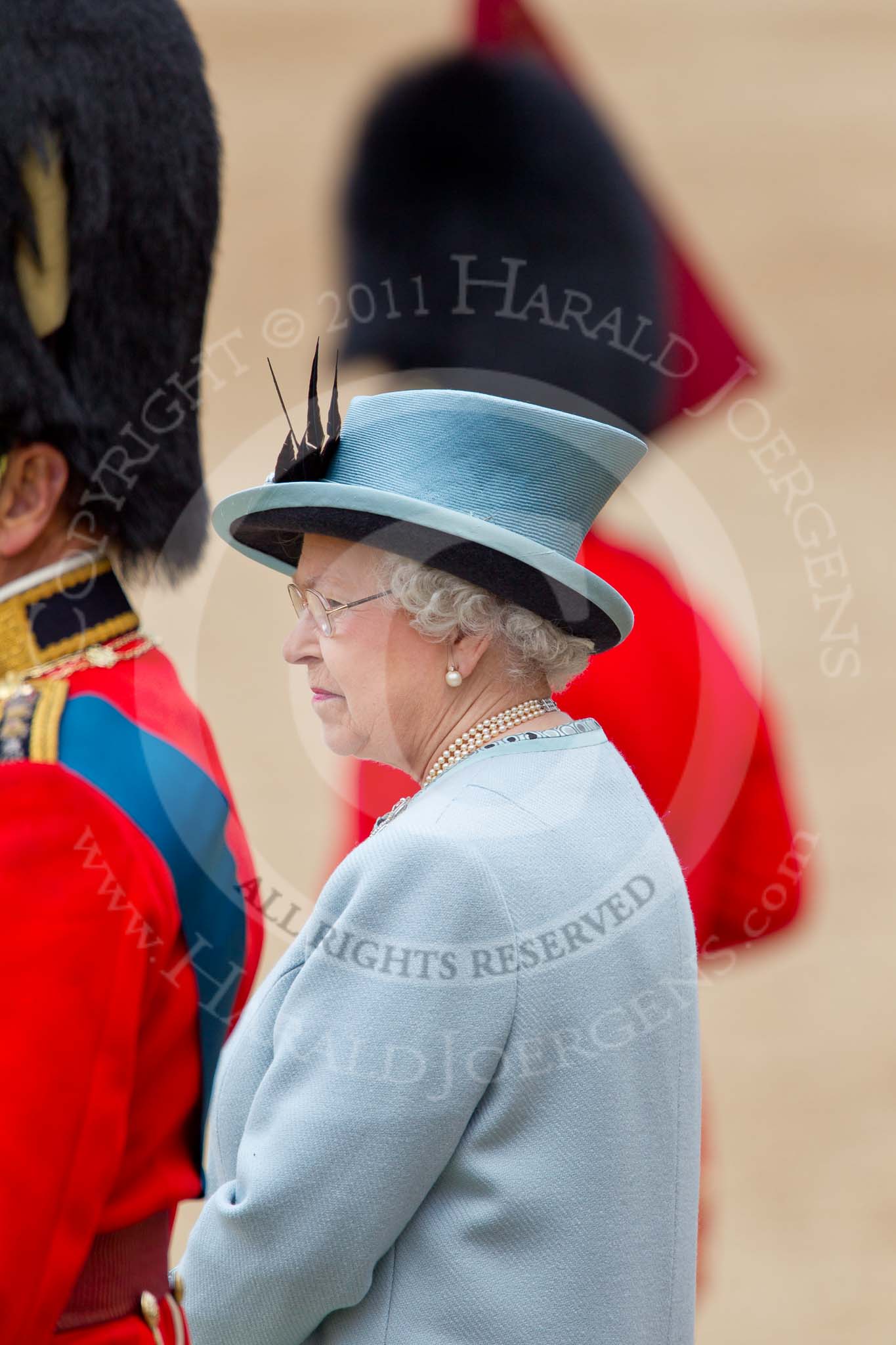 Trooping the Colour 2011: Close-up of HM The Queen during the March Past..
Horse Guards Parade, Westminster,
London SW1,
Greater London,
United Kingdom,
on 11 June 2011 at 11:46, image #294