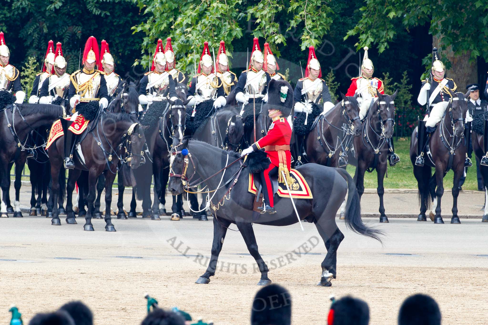 Trooping the Colour 2011: The Major of the Parade, Major B P N Ramsay, Welsh Guards, in front of the Household Cavalry, here The Blues and Royals, and a Farrier on the very right..
Horse Guards Parade, Westminster,
London SW1,
Greater London,
United Kingdom,
on 11 June 2011 at 11:49, image #299