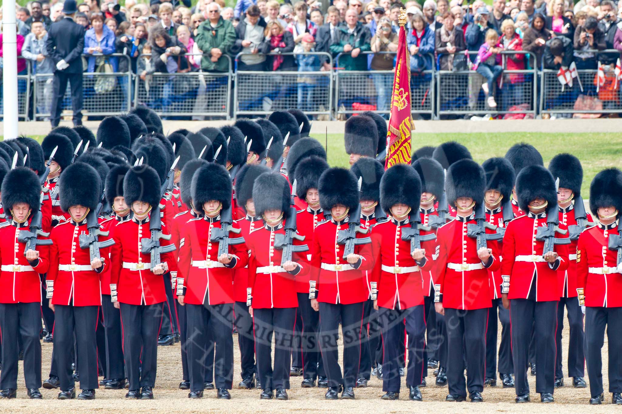 Trooping the Colour 2011: The Escort to the Colour, 1st Battalion Scots Guards, during the March Past..
Horse Guards Parade, Westminster,
London SW1,
Greater London,
United Kingdom,
on 11 June 2011 at 11:50, image #304