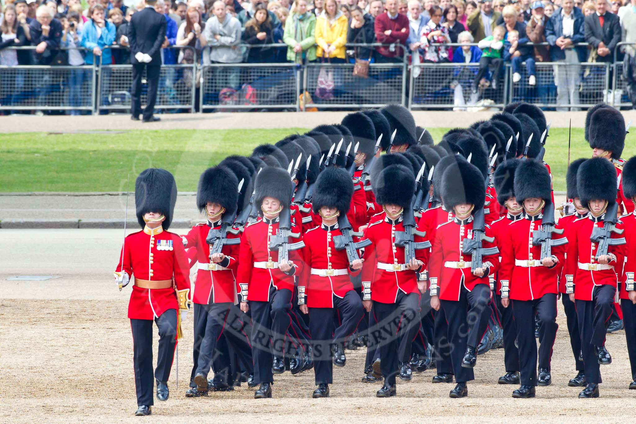 Trooping the Colour 2011: The Escort to the Colour, 1st Battalion Scots Guards, during the March Past. On the left, commanding, Major Roderick Shannon..
Horse Guards Parade, Westminster,
London SW1,
Greater London,
United Kingdom,
on 11 June 2011 at 11:51, image #306