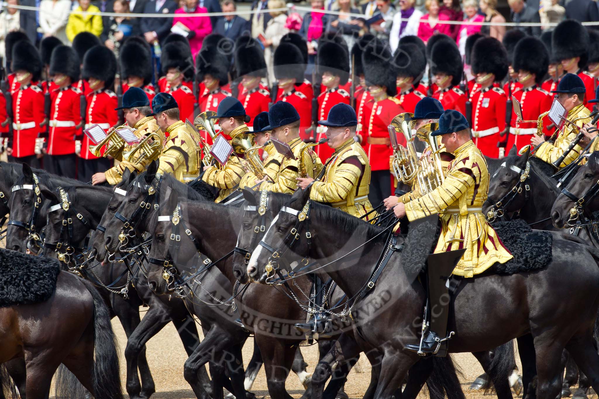 Trooping the Colour 2011: The Mounted Bands of the Household Cavalry playing during the Ride Past..
Horse Guards Parade, Westminster,
London SW1,
Greater London,
United Kingdom,
on 11 June 2011 at 11:54, image #322