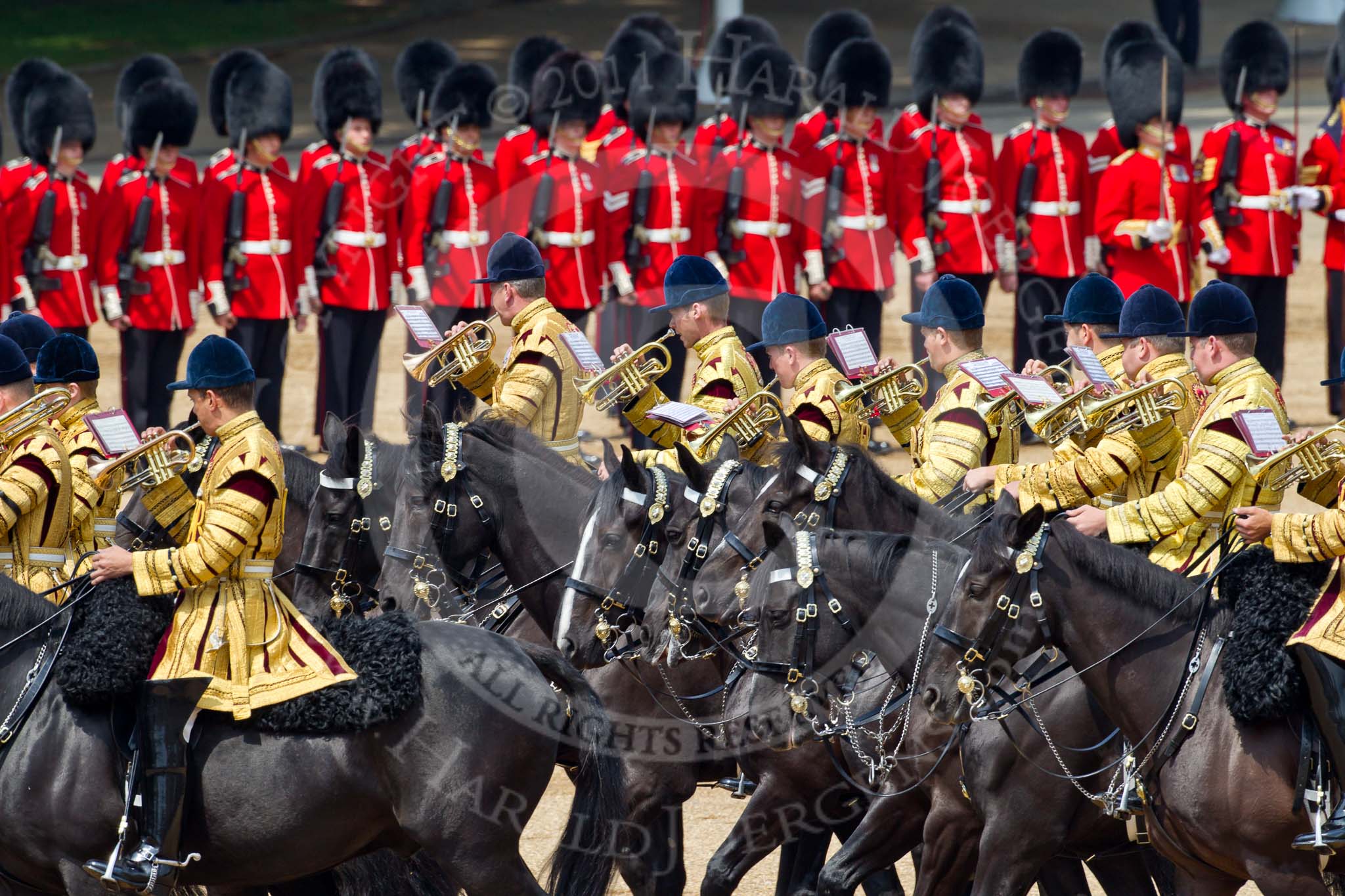 Trooping the Colour 2011: The Mounted Bands of the Household Cavalry playing during the Ride Past..
Horse Guards Parade, Westminster,
London SW1,
Greater London,
United Kingdom,
on 11 June 2011 at 11:54, image #324