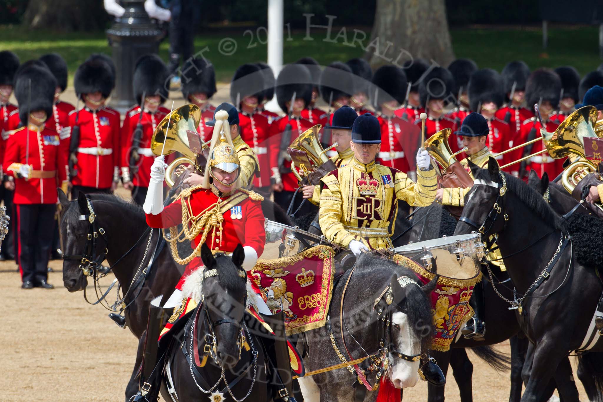 Trooping the Colour 2011: Director of Music,  Major K L Davies, The Life Guards, leading the Mounted Bands of the Household Cavalry . Behind him, one of the two kettle drummers..
Horse Guards Parade, Westminster,
London SW1,
Greater London,
United Kingdom,
on 11 June 2011 at 11:54, image #326