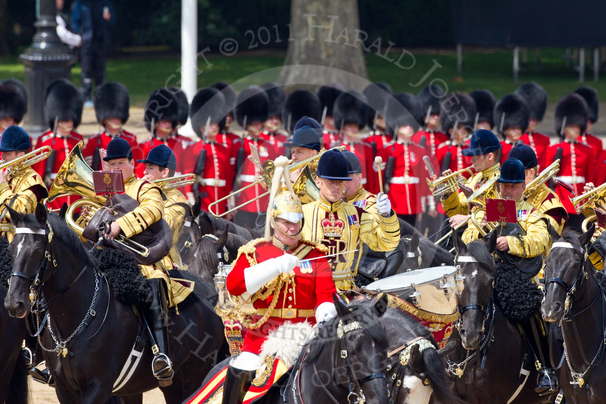 Trooping the Colour 2011: Director of Music,  Major K L Davies, The Life Guards, leading the Mounted Bands of the Household Cavalry . Behind him, one of the two kettle drummers..
Horse Guards Parade, Westminster,
London SW1,
Greater London,
United Kingdom,
on 11 June 2011 at 11:54, image #327