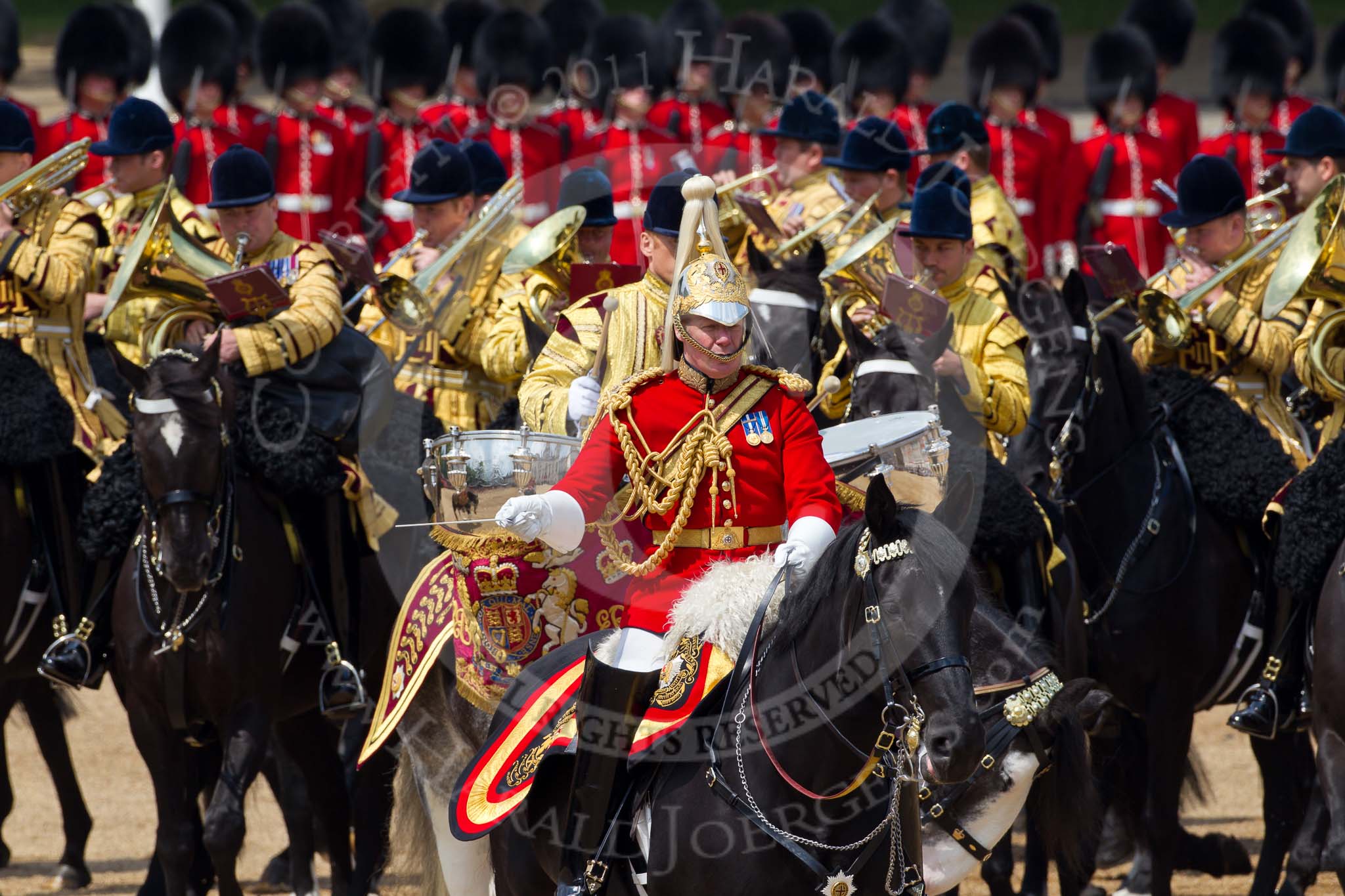 Trooping the Colour 2011: Director of Music,  Major K L Davies, The Life Guards, leading the Mounted Bands of the Household Cavalry . Behind him, one of the two kettle drummers..
Horse Guards Parade, Westminster,
London SW1,
Greater London,
United Kingdom,
on 11 June 2011 at 11:54, image #328