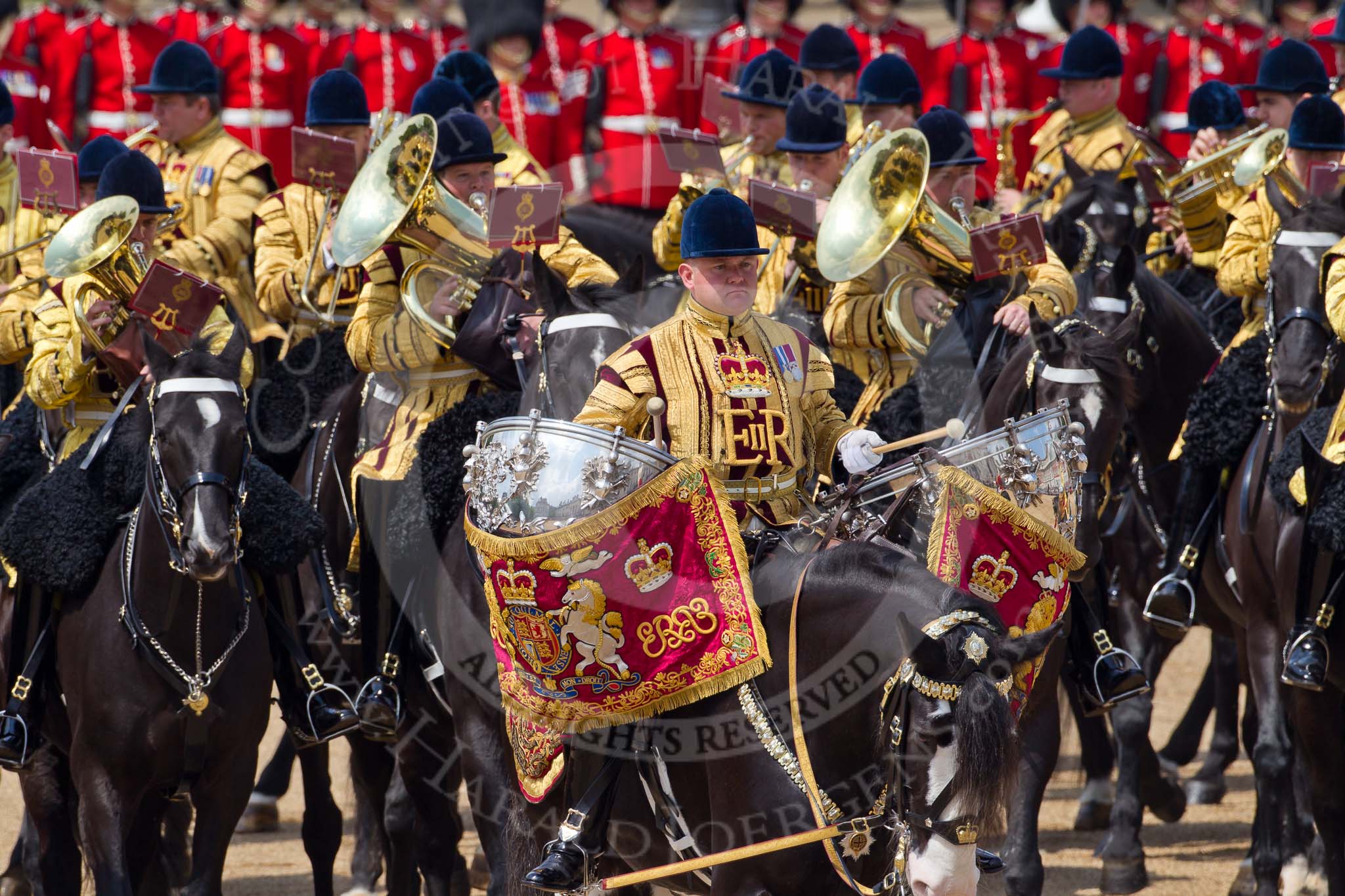 Trooping the Colour 2011: One of the two kettle drumers leading the Mounted Bands of the Household Cavalry during Ride Past..
Horse Guards Parade, Westminster,
London SW1,
Greater London,
United Kingdom,
on 11 June 2011 at 11:54, image #329