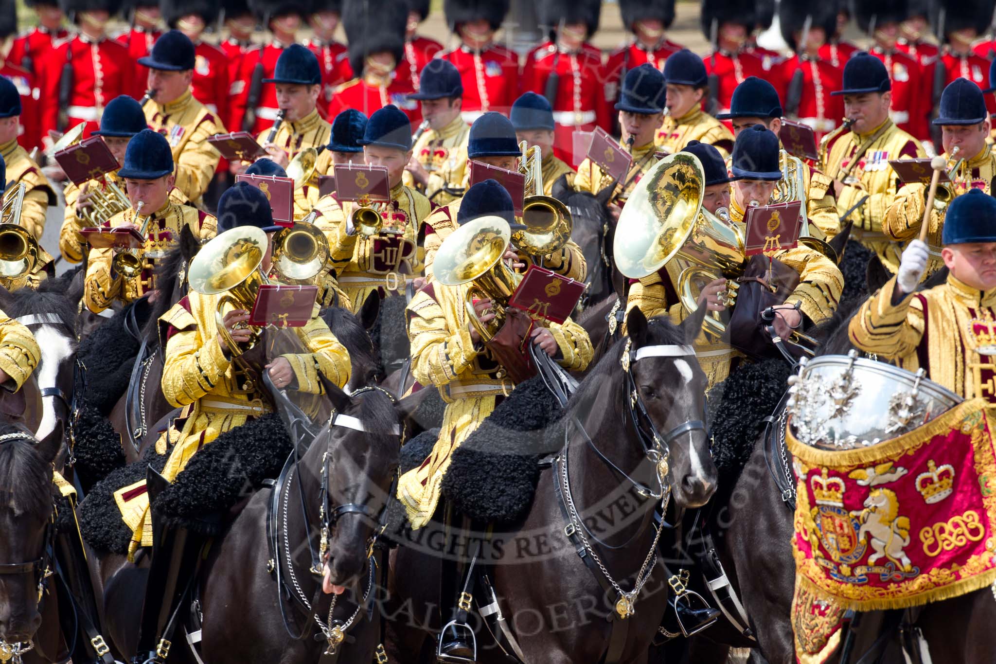 Trooping the Colour 2011: The Mounted Bands of the Household Cavalry playing during the Ride Past..
Horse Guards Parade, Westminster,
London SW1,
Greater London,
United Kingdom,
on 11 June 2011 at 11:54, image #330