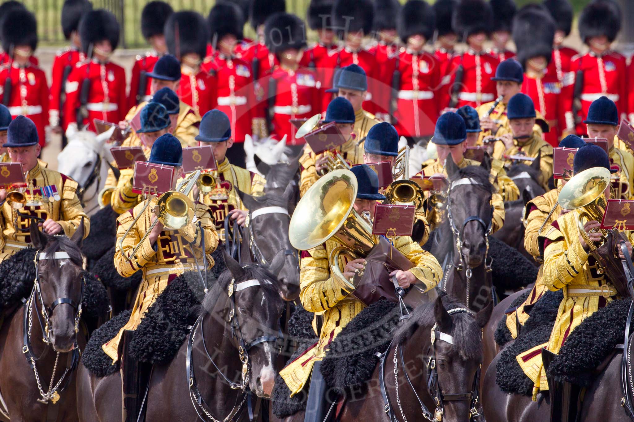 Trooping the Colour 2011: The Mounted Bands of the Household Cavalry playing during the Ride Past..
Horse Guards Parade, Westminster,
London SW1,
Greater London,
United Kingdom,
on 11 June 2011 at 11:54, image #331