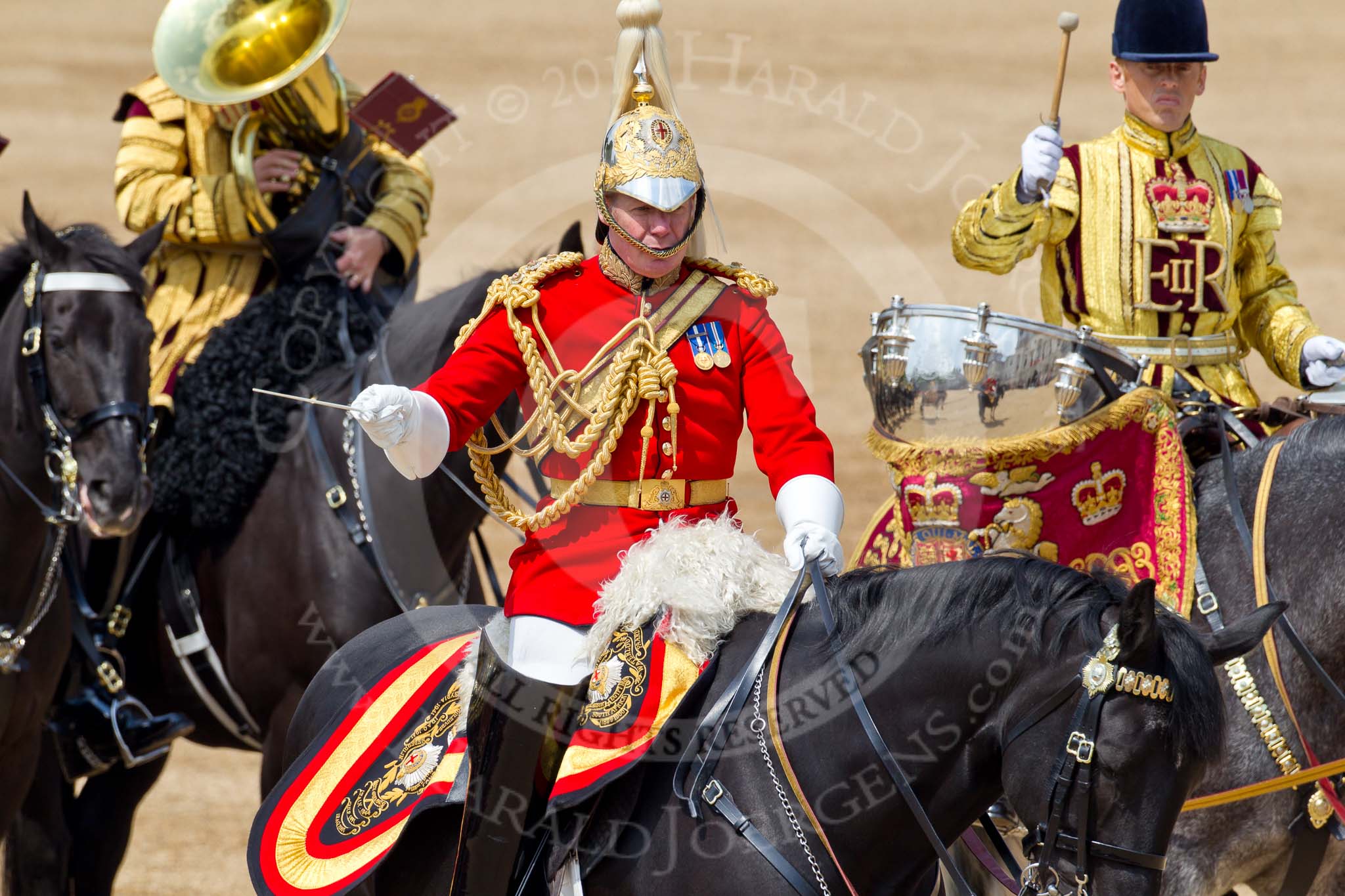 Trooping the Colour 2011: Close-up of the Director of Music, Major K L Davies, The Life Guards, leading the Mounted Bands of the Household Cavalry. Behind hime one of the two kettle drummers..
Horse Guards Parade, Westminster,
London SW1,
Greater London,
United Kingdom,
on 11 June 2011 at 11:55, image #333