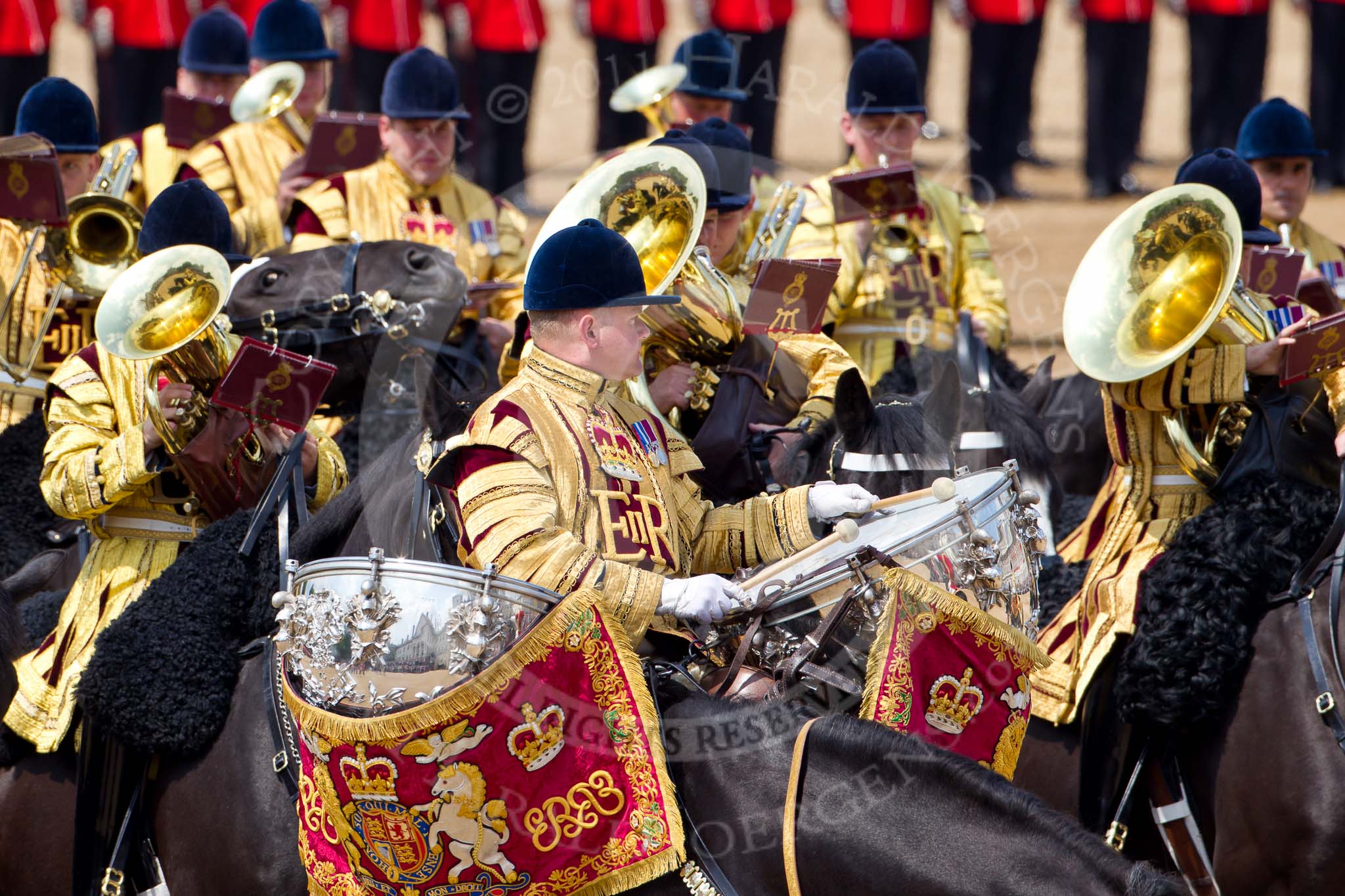 Trooping the Colour 2011: One of the two kettle drummers leading the Mounted Bands of the Household Cavalry during the Ride Past..
Horse Guards Parade, Westminster,
London SW1,
Greater London,
United Kingdom,
on 11 June 2011 at 11:55, image #334