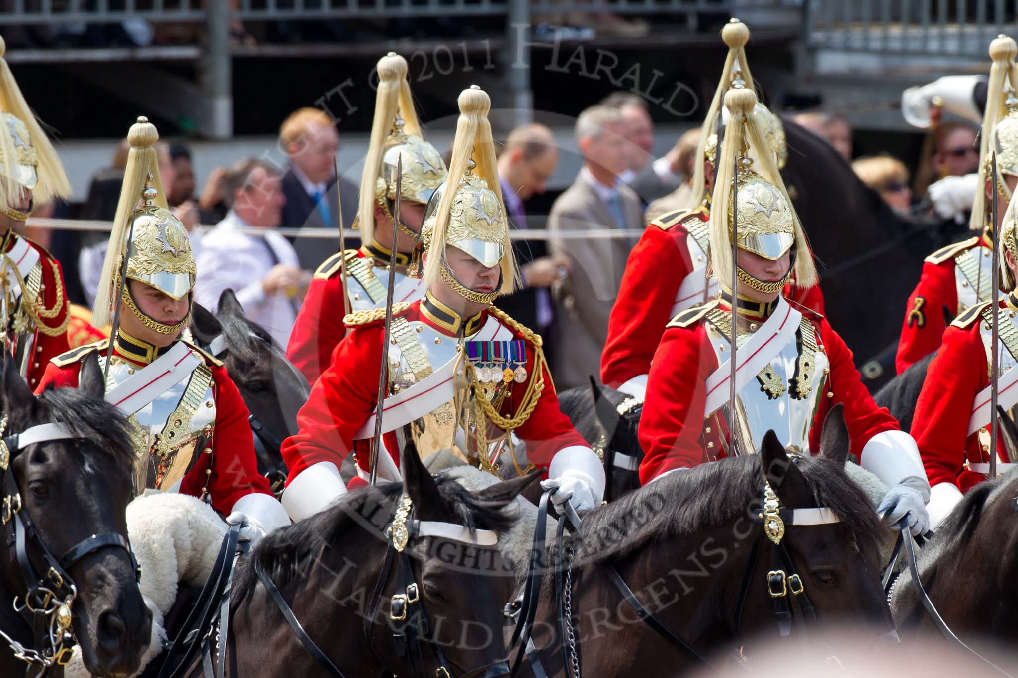 Trooping the Colour 2011: The Household Cavalry on their way around the parade ground, lead by The Life Guards..
Horse Guards Parade, Westminster,
London SW1,
Greater London,
United Kingdom,
on 11 June 2011 at 11:55, image #335