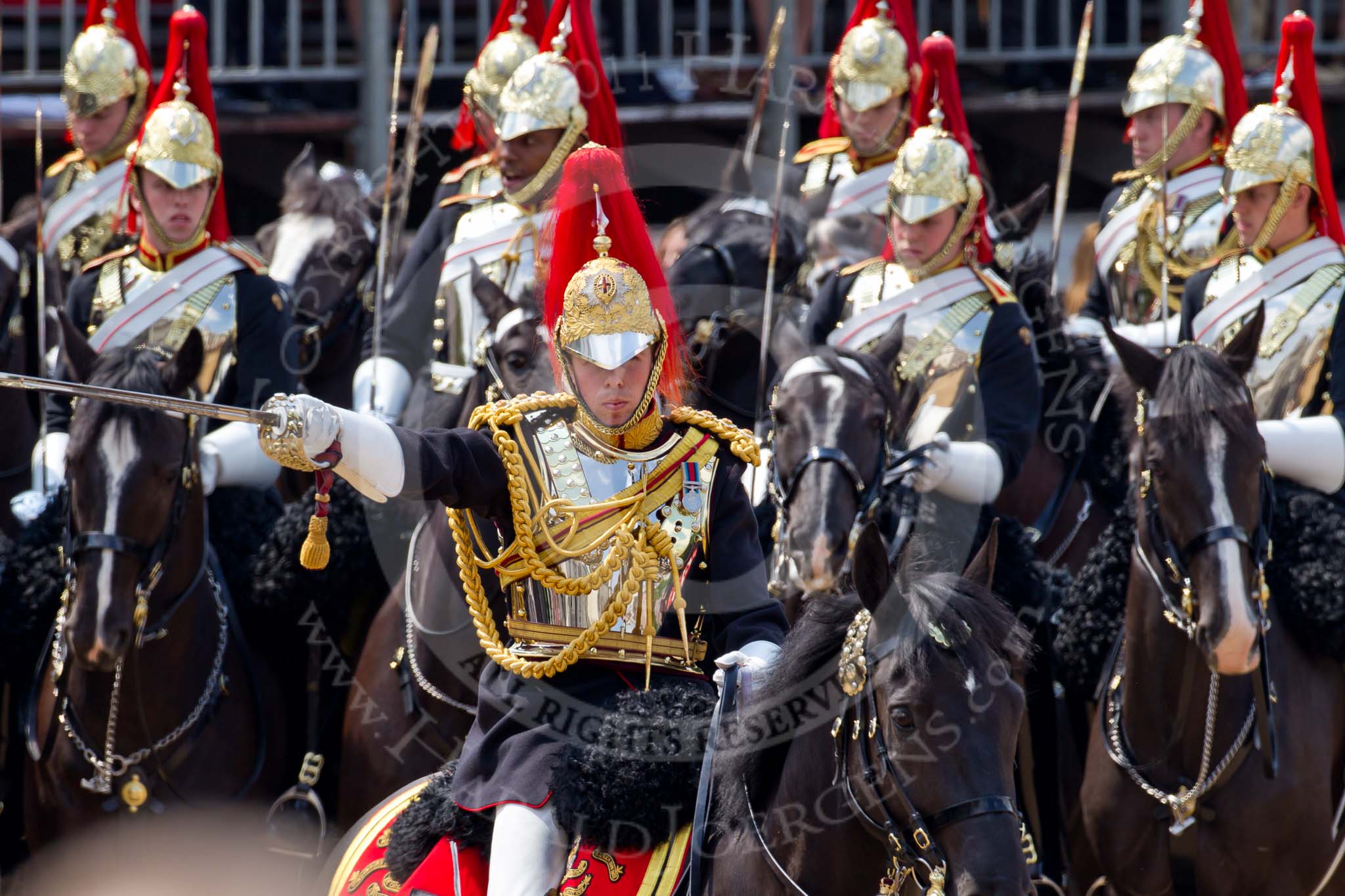 Trooping the Colour 2011: Close-up of Serrefile Captain S S Lukas, The Blues and Royals, leading the Blues and Royals element of the Household Cavalry on their way around the parade ground during the Ride Past..
Horse Guards Parade, Westminster,
London SW1,
Greater London,
United Kingdom,
on 11 June 2011 at 11:55, image #339