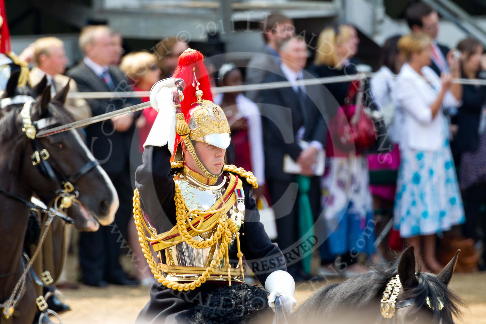 Trooping the Colour 2011: Close-up of Serrefile Captain S S Lukas, The Blues and Royals, leading the Blues and Royals element of the Household Cavalry on their way around the parade ground during the Ride Past..
Horse Guards Parade, Westminster,
London SW1,
Greater London,
United Kingdom,
on 11 June 2011 at 11:55, image #341