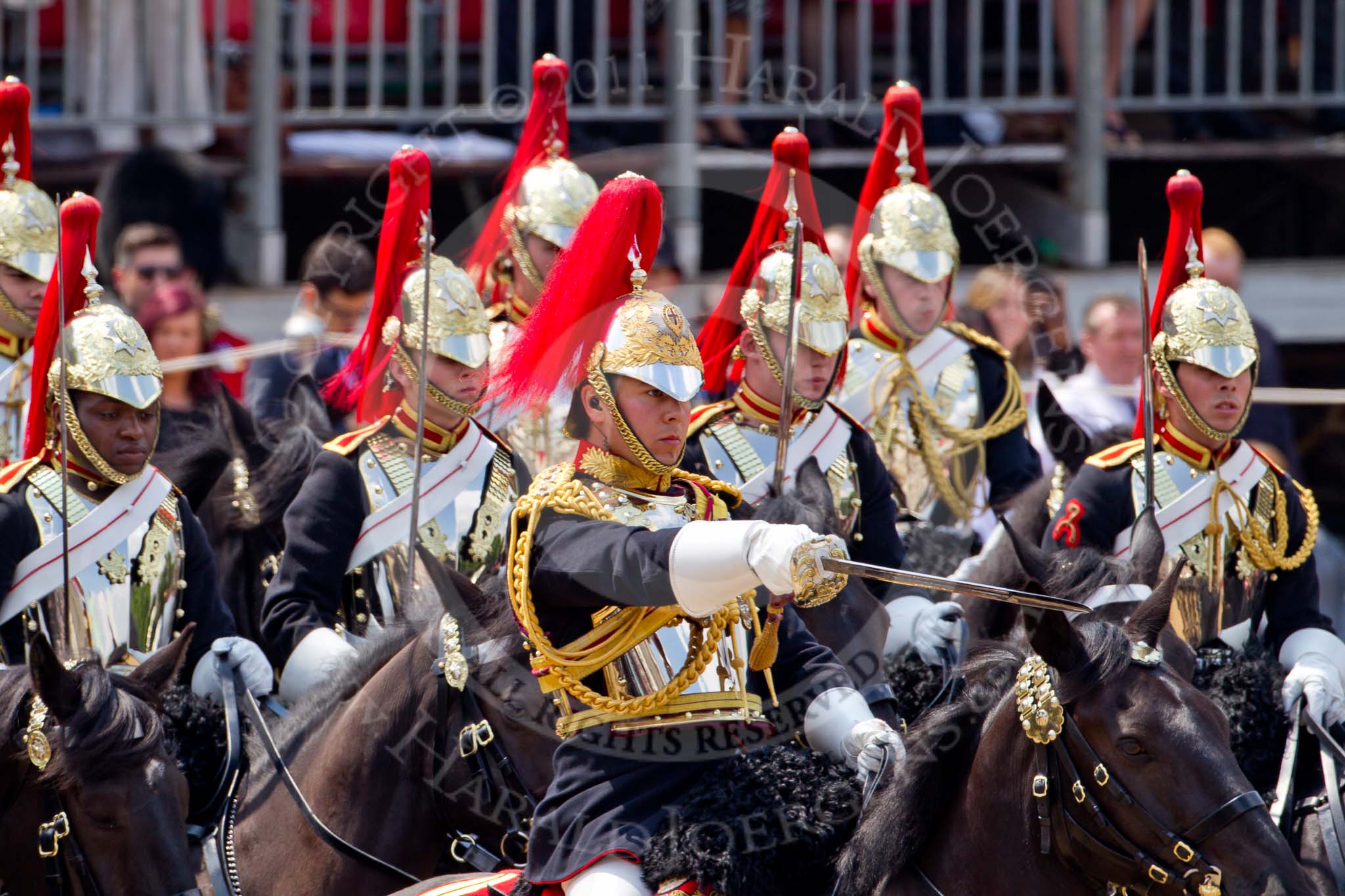 Trooping the Colour 2011: Close-up of Serrefile Captain S S Lukas, The Blues and Royals, leading the Blues and Royals element of the Household Cavalry on their way around the parade ground during the Ride Past..
Horse Guards Parade, Westminster,
London SW1,
Greater London,
United Kingdom,
on 11 June 2011 at 11:56, image #344