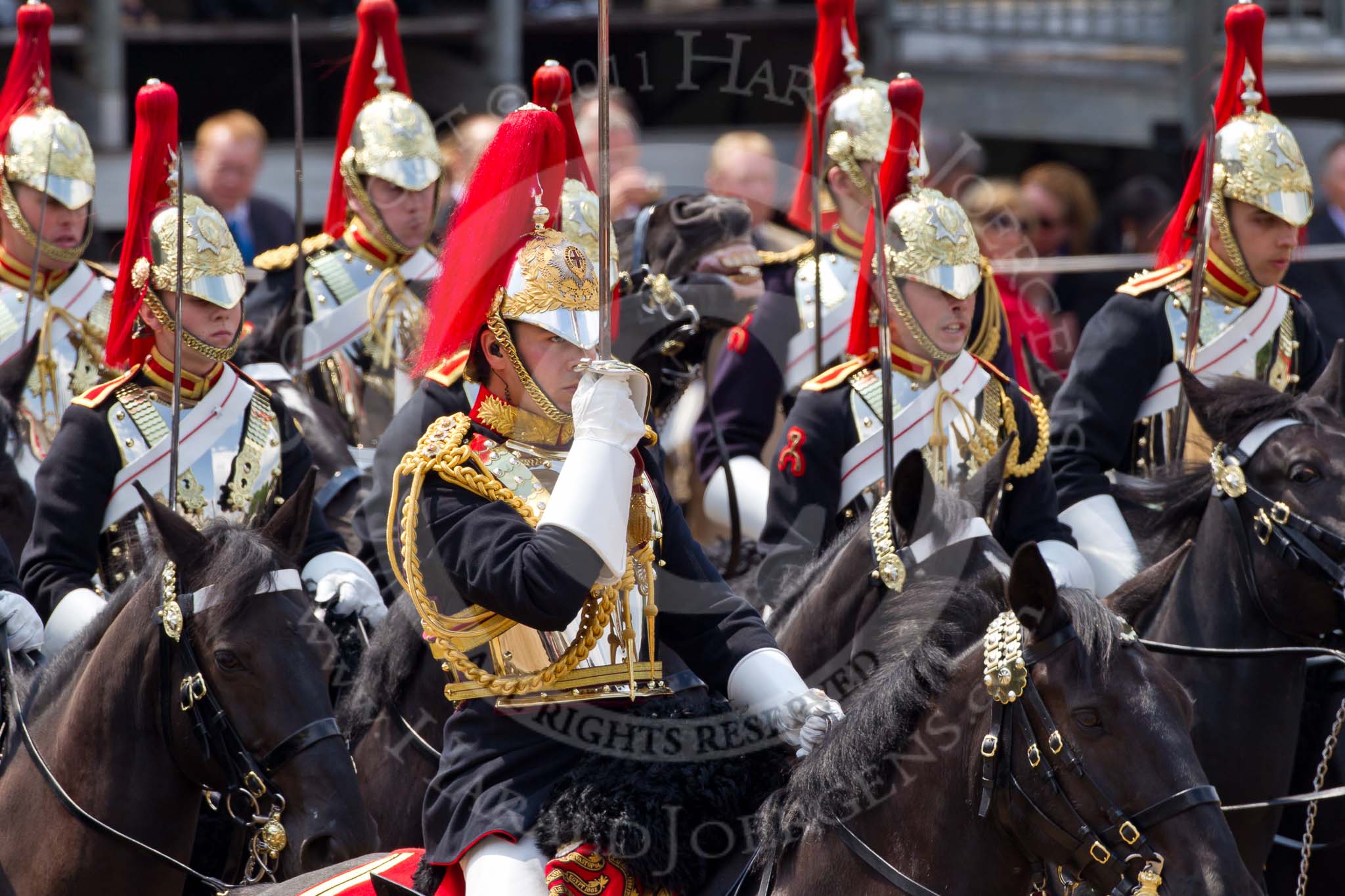 Trooping the Colour 2011: Close-up of Serrefile Captain S S Lukas, The Blues and Royals, leading the Blues and Royals element of the Household Cavalry on their way around the parade ground during March Past. In front Serrefile Captain S S Lukas..
Horse Guards Parade, Westminster,
London SW1,
Greater London,
United Kingdom,
on 11 June 2011 at 11:56, image #345