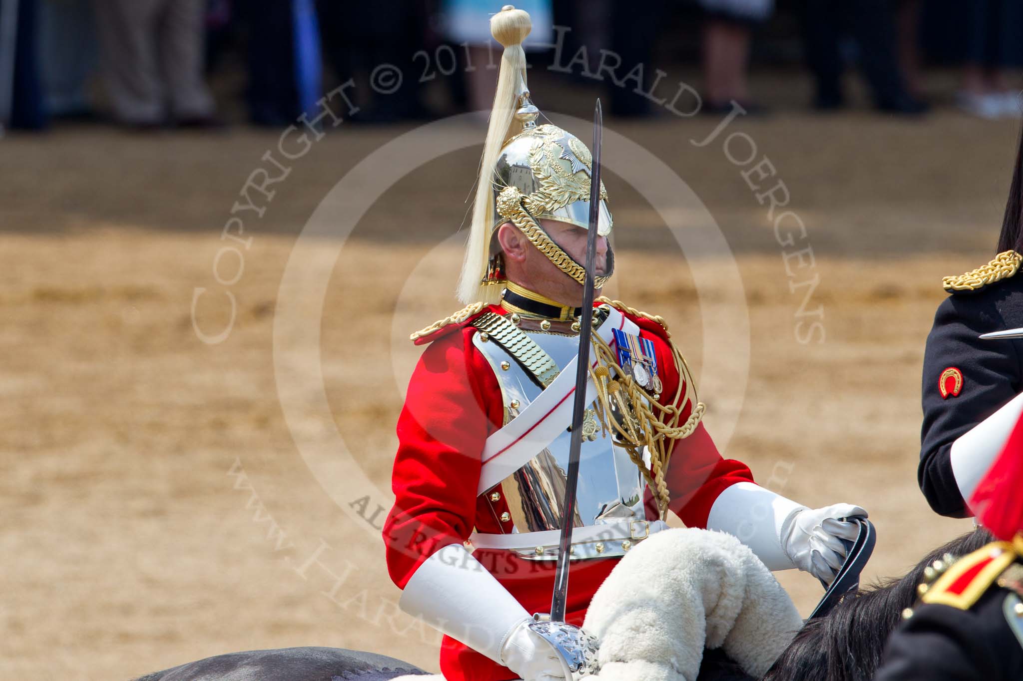 Trooping the Colour 2011: A trooper of The Life Guards, Household Cavalry, during the Ride Past..
Horse Guards Parade, Westminster,
London SW1,
Greater London,
United Kingdom,
on 11 June 2011 at 11:56, image #347