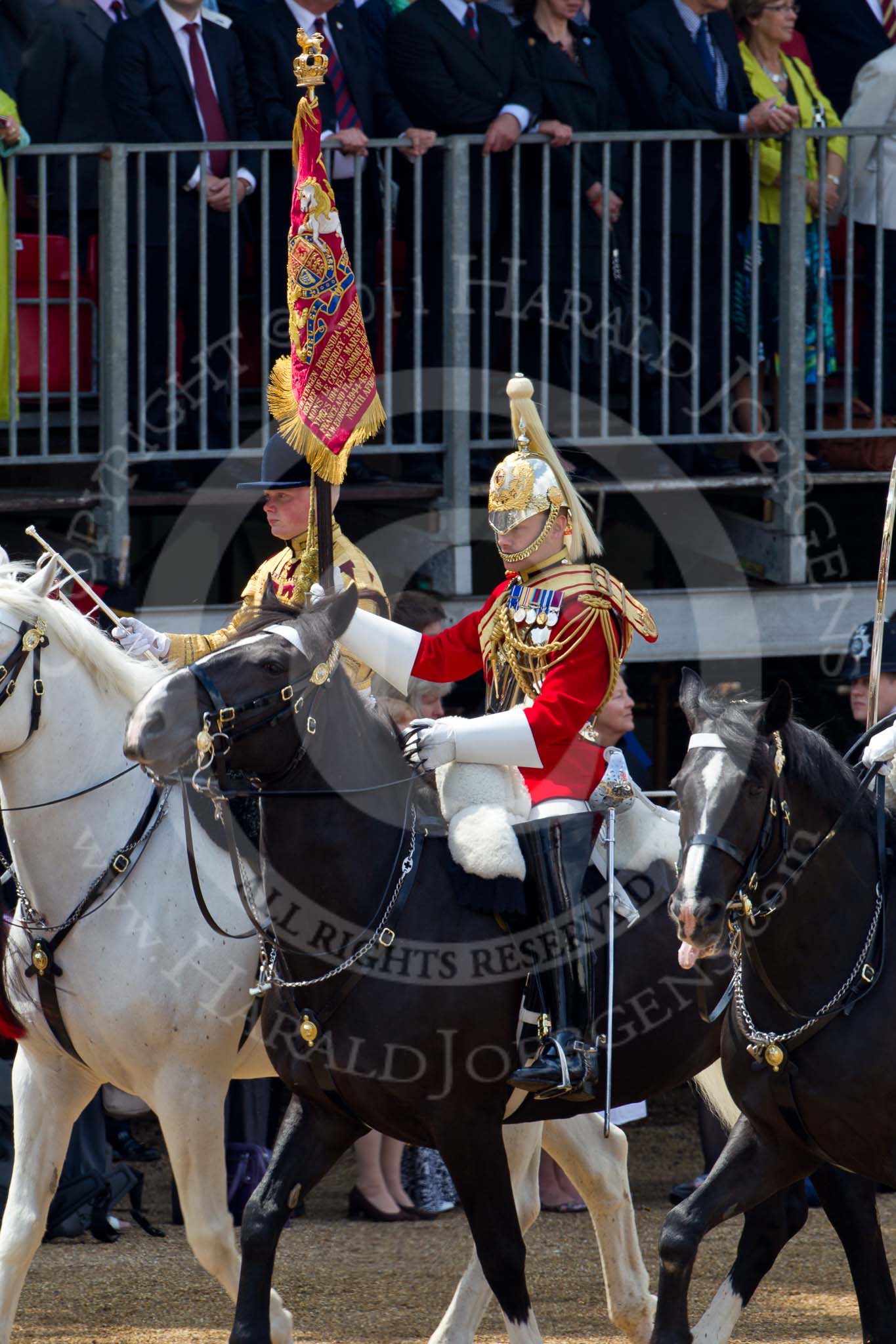 Trooping the Colour 2011: The Standard Bearer and Trumpeter, both from the Life Guards, during the Ride Past, close to the end of the parade..
Horse Guards Parade, Westminster,
London SW1,
Greater London,
United Kingdom,
on 11 June 2011 at 11:58, image #359